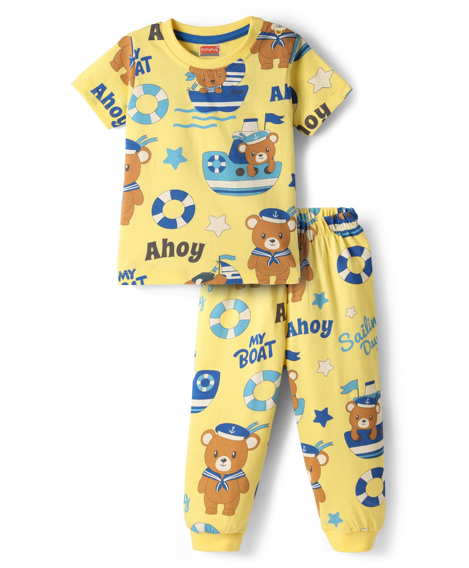 Babyhug Cotton Knit Half Sleeves Co-Ord Night Suit With Teddy Bear Print - Yellow-picture-17