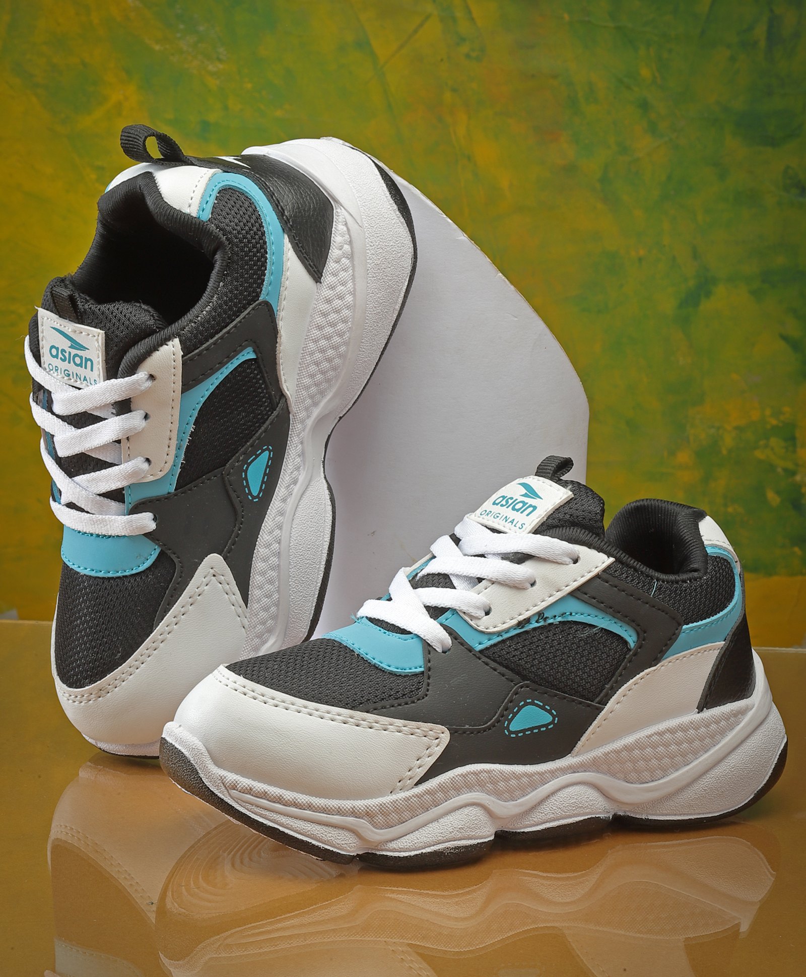 asian Colour Blocked Lace Up Shoes - White Black & Turquoise-image-5