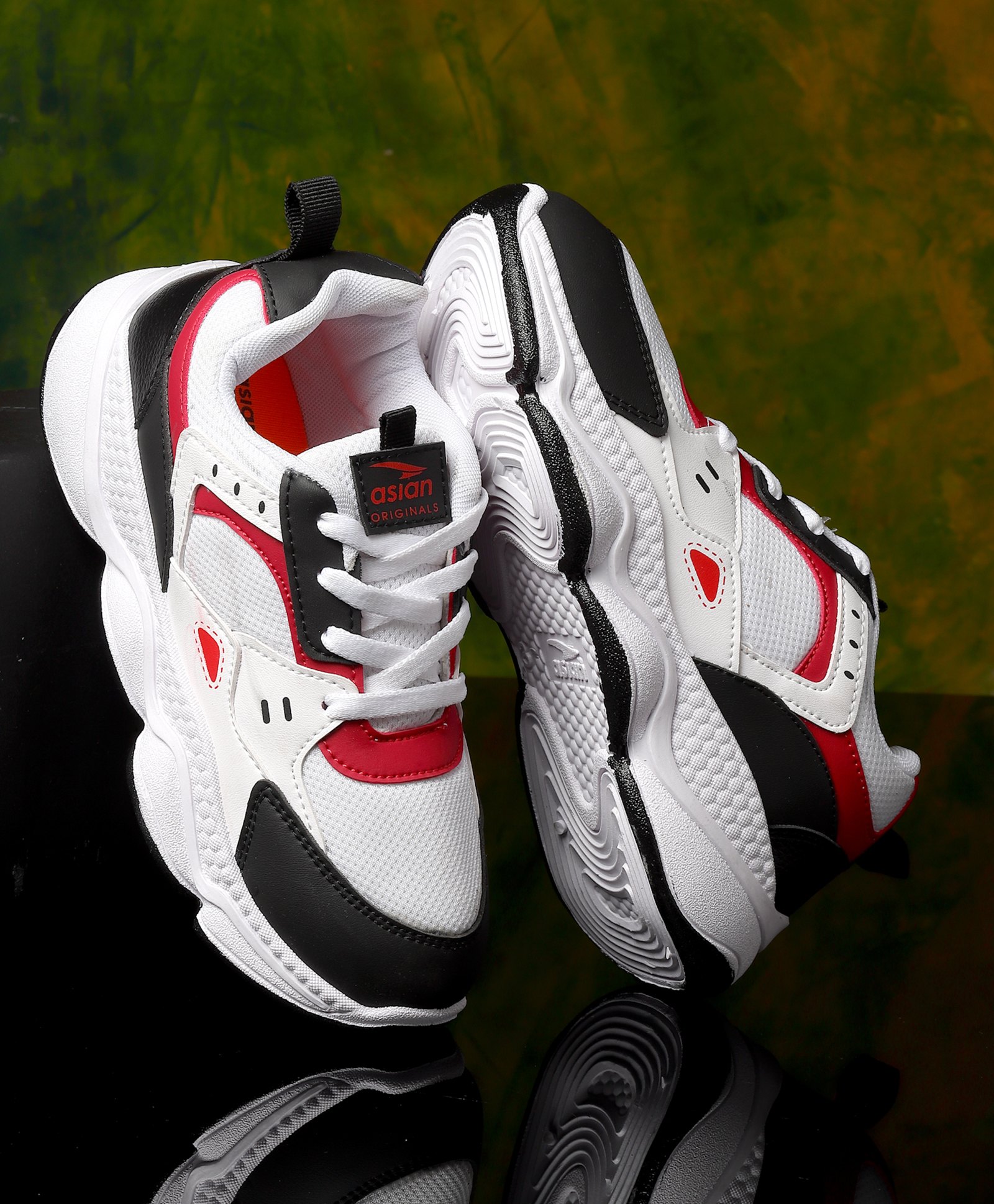 asian Colour Blocked Lace Up Shoes - White Black & Red