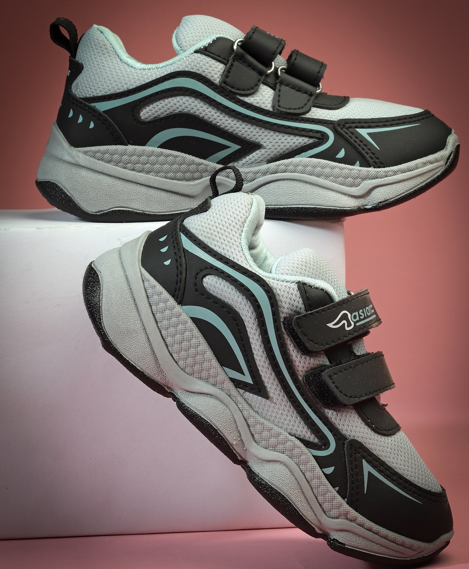 asian Mesh Detailed & Colour Blocked With Double Velcro Closure Shoes - Grey & Black-picture-28