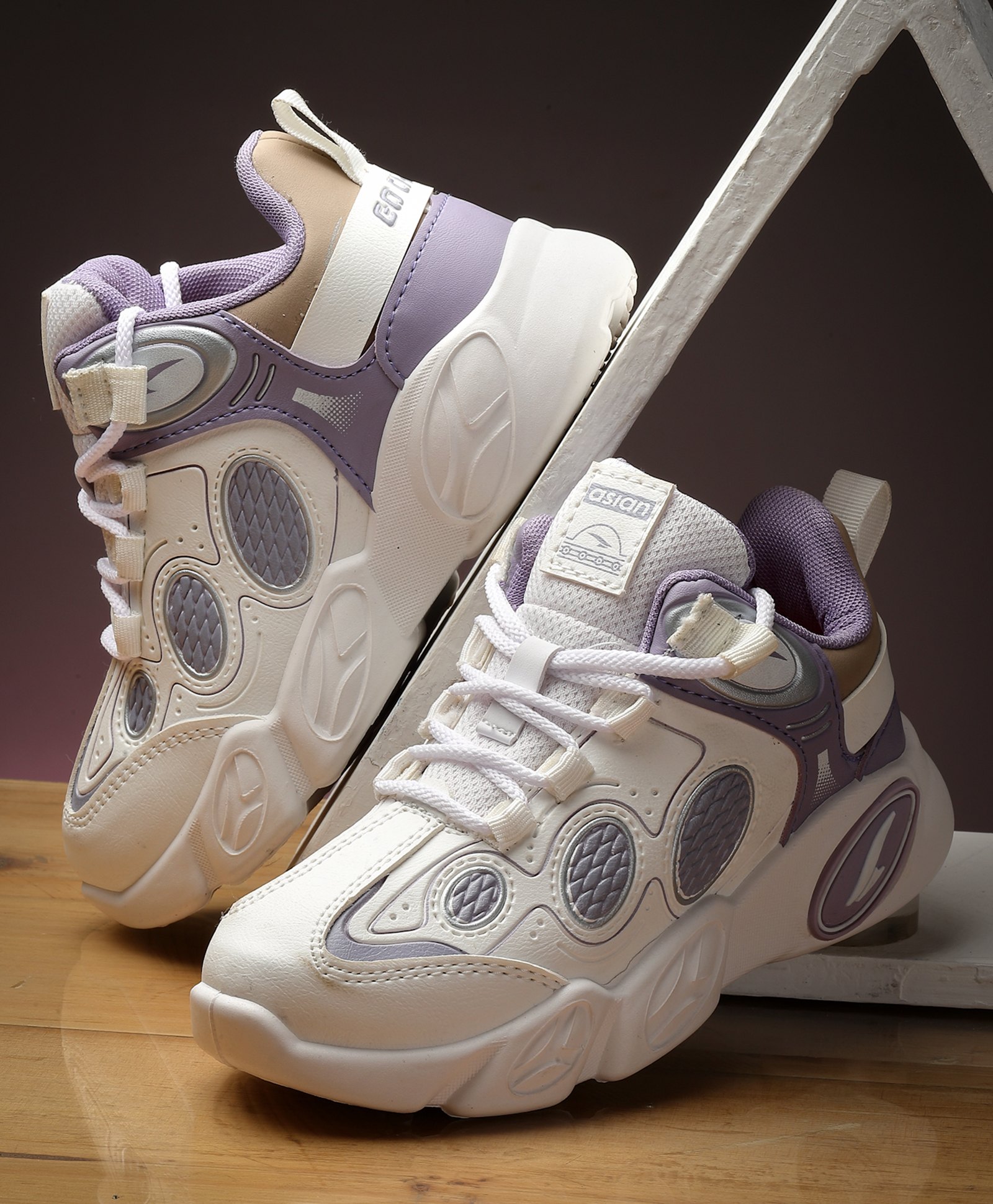 asian Colour Blocked Lace Up Sneakers - White & Violet-picture-31