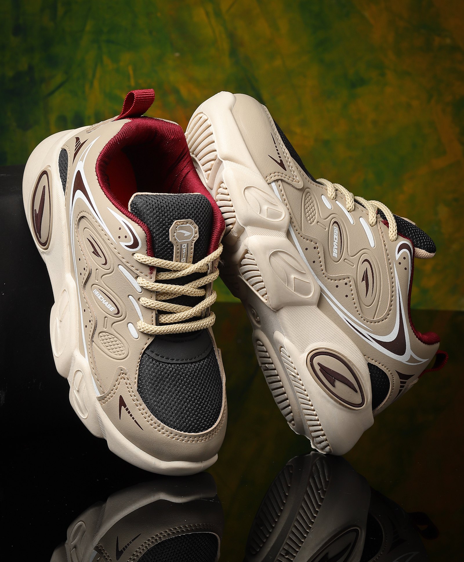 asian Mesh Detailed & Colour Blocked With Lace Up Sneakers - White & Beige-picture-7