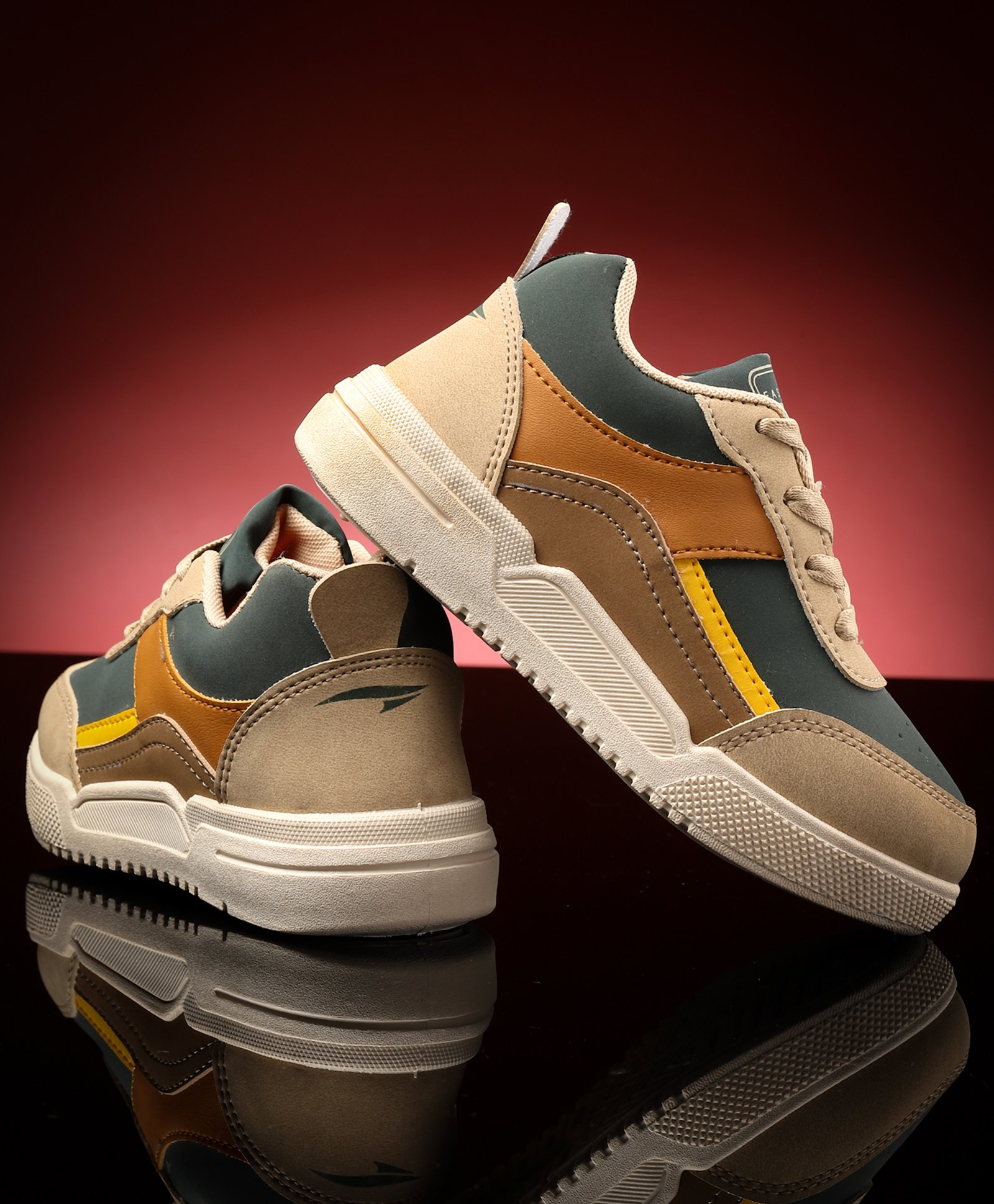 asian Colour Blocked With Lace Up Sneakers - Beige & Green