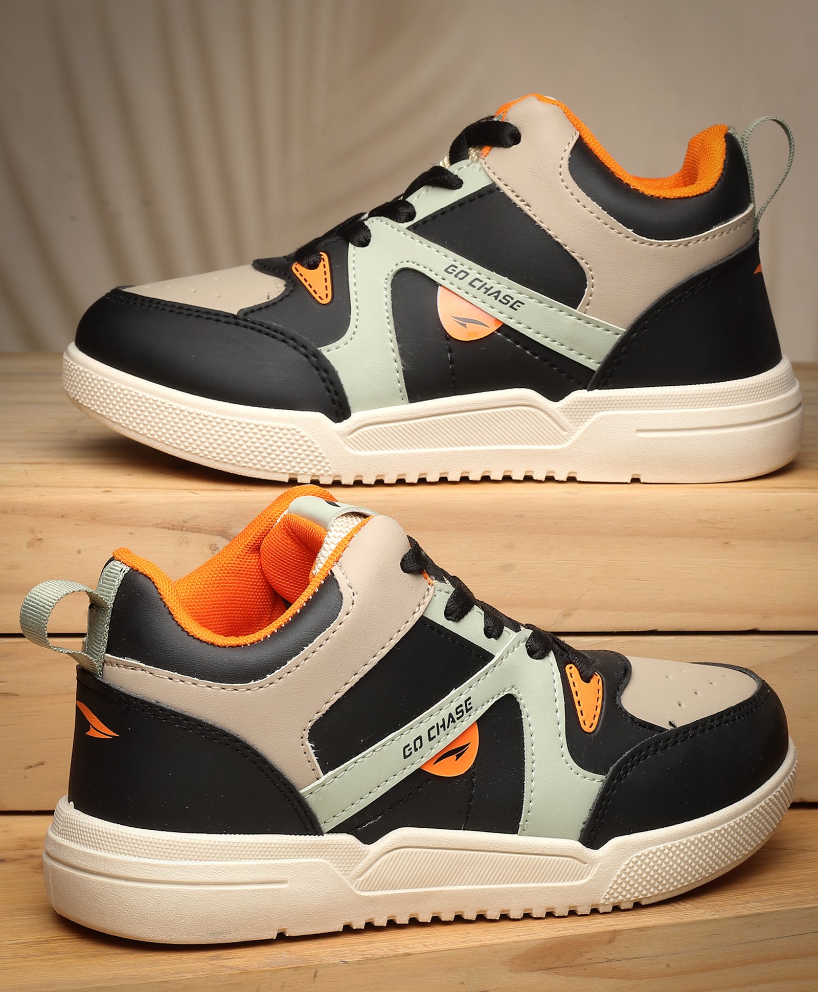 asian Go Chase Text Designed Colour Blocked Lace Up Sneakers - Black Beige & Orange-image-25