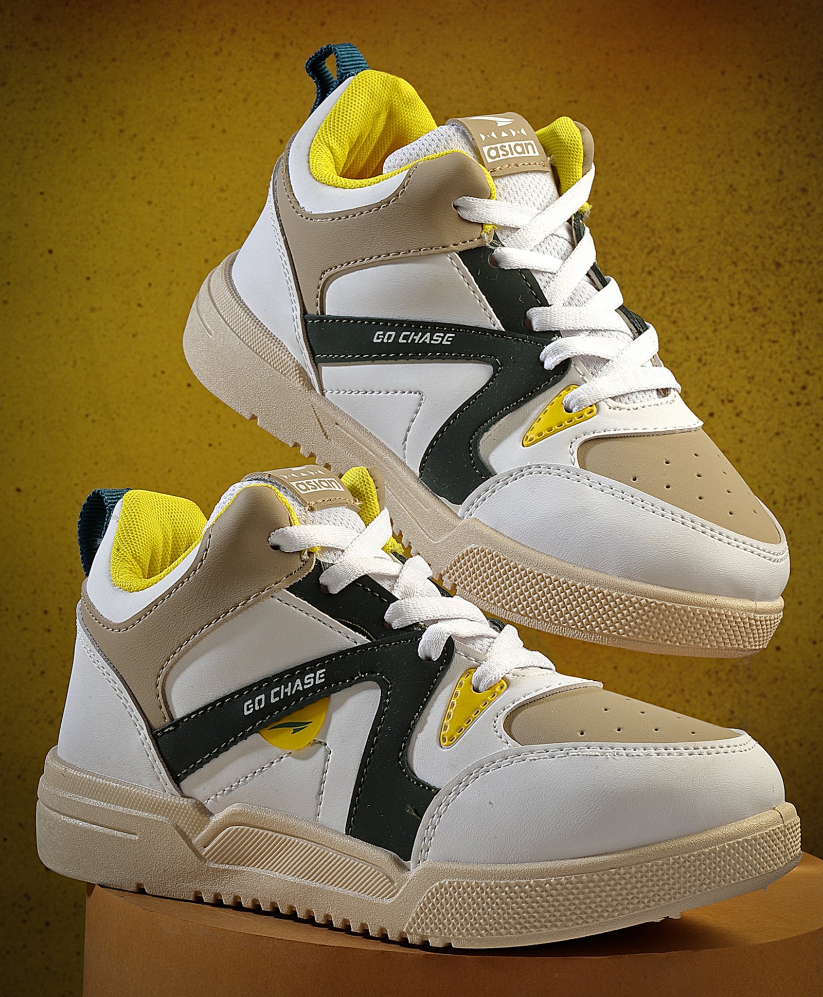 asian Go Chase Text Designed Colour Blocked Lace Up Sneakers - White Beige & Yellow-image-5
