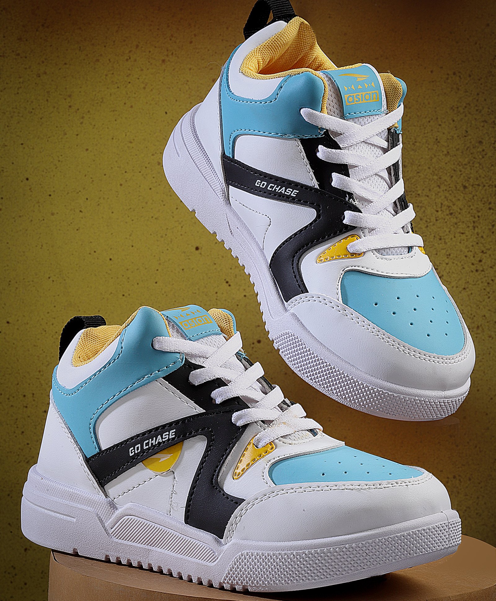 asian Go Chase Text Designed Colour Blocked Lace Up Sneakers - White Blue & Mustard-image-19