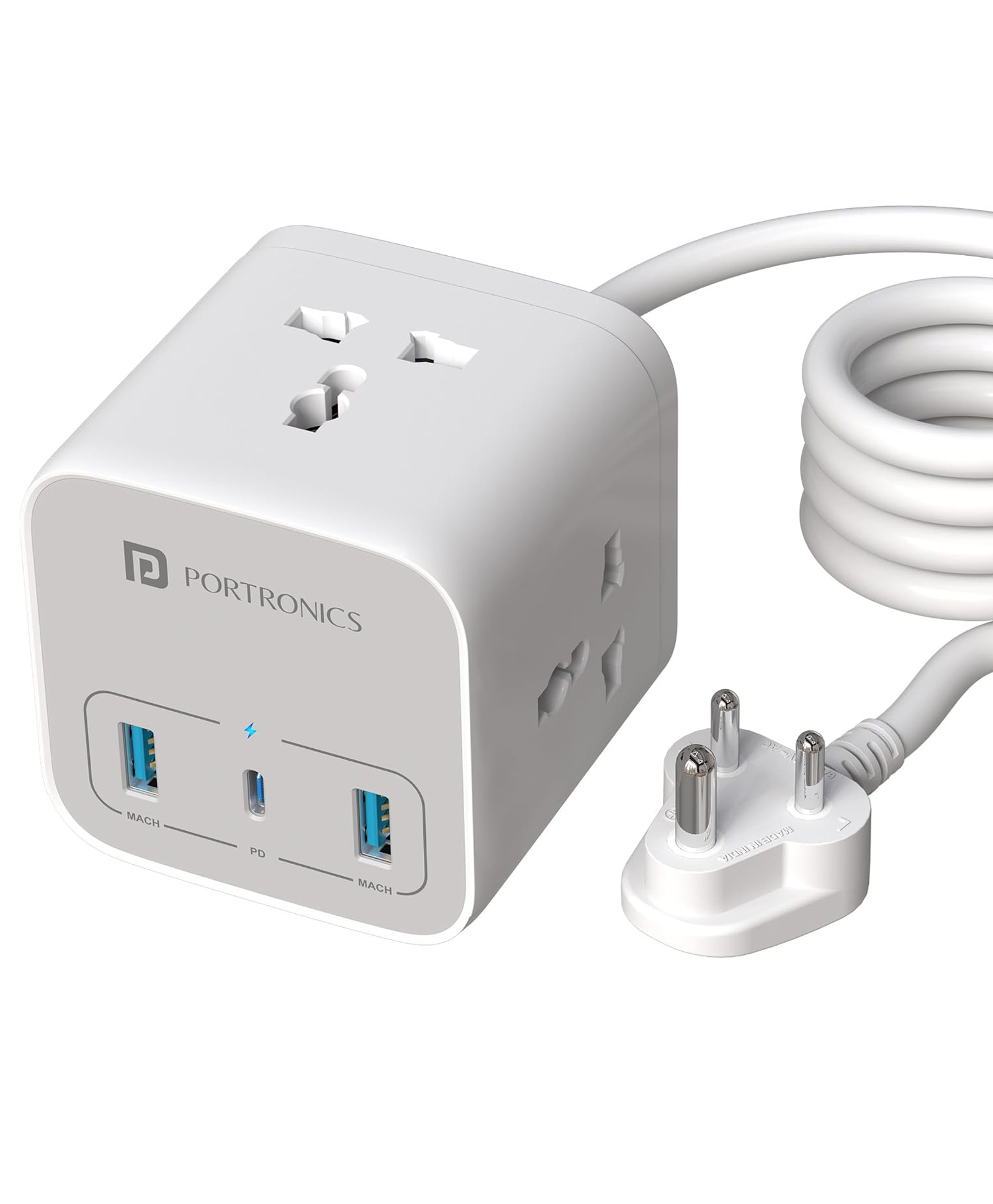 Portronics 20W Volt 20 High Speed Smart Desktop Charger with 3M Copper Cable, Type C PD Port, 2 USB Mach Port, 3 AC Power Socket, Compatible with Laptop,Smartphones,iPhones,Tablet,Power Bank(White)-image-24