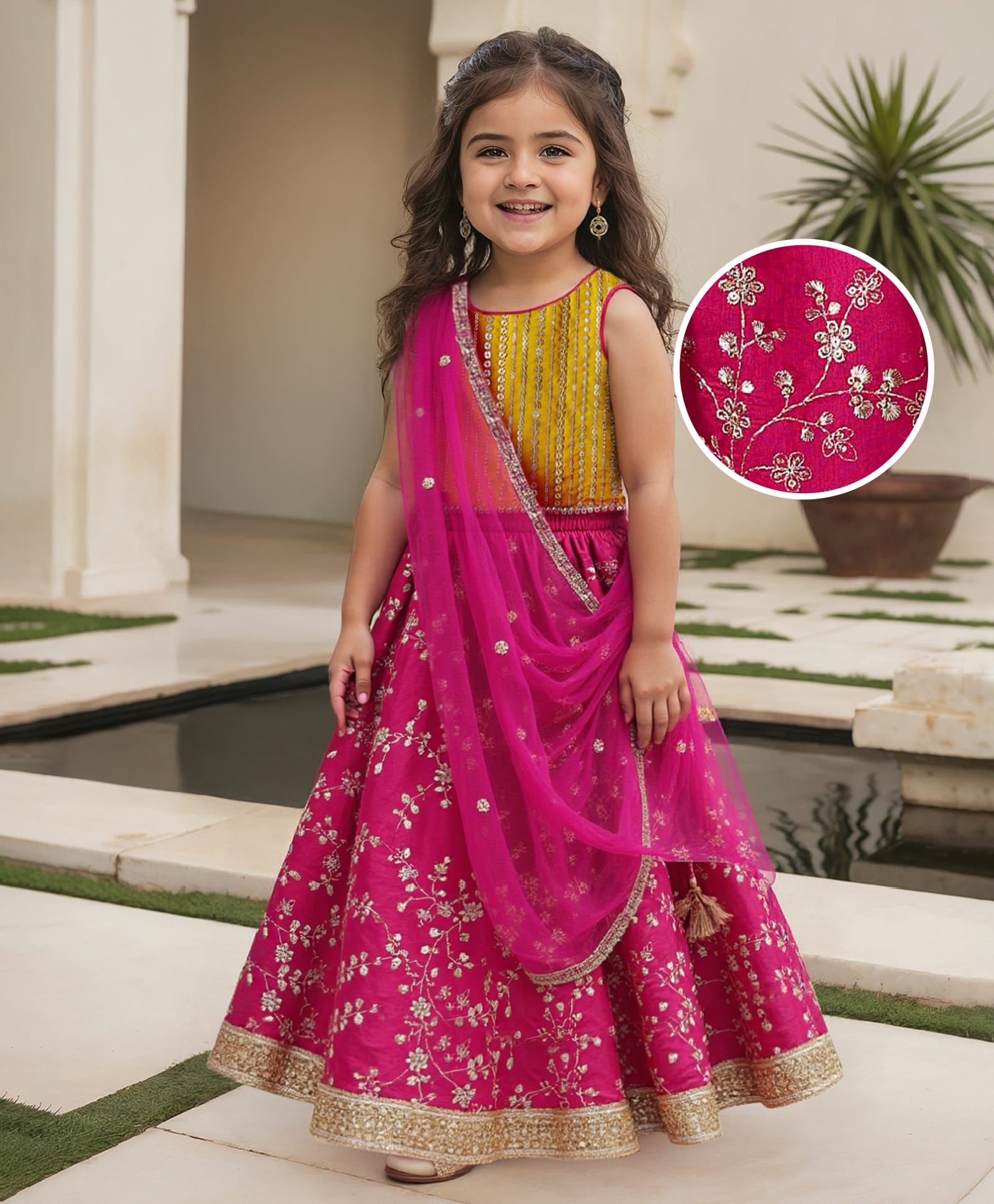 Babyhug Woven Sleeveless Lehenga Choli & Dupatta With Floral & Sequin Embriodery - Fuschia-picture-12