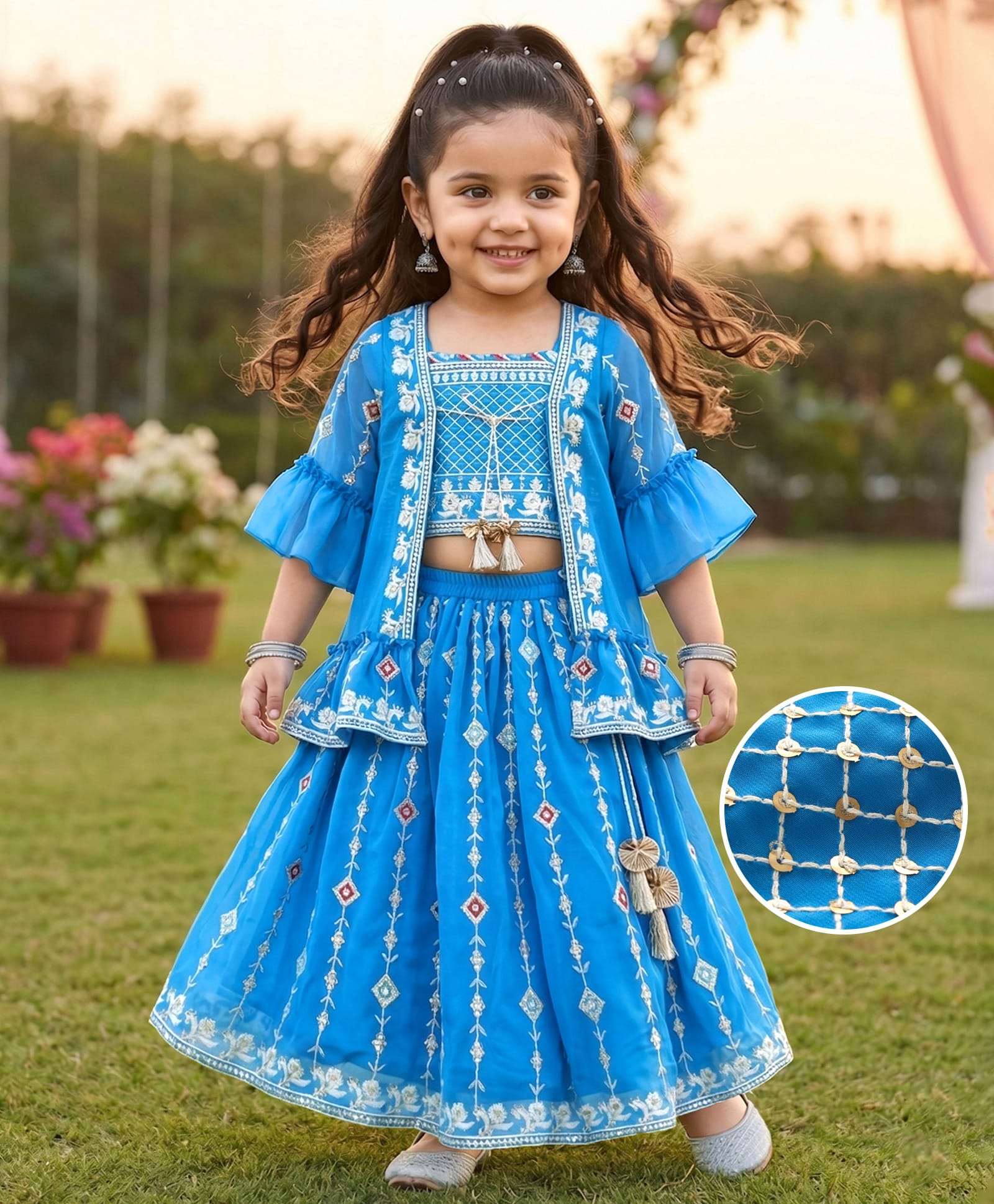 Babyhug Woven Three Fourth Sleeves Georgett Embriodered Lehenga Choli & Shrug Set - Blue-image-19