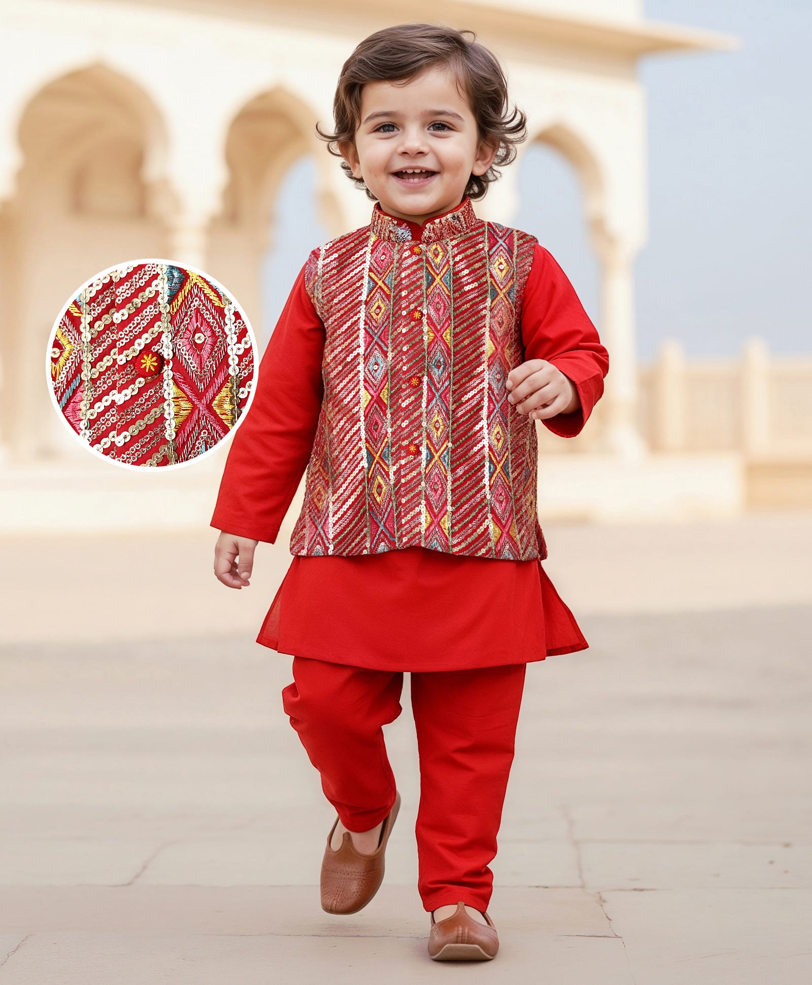 Babyhug Cotton Woven Full Sleeves Kurta & Pajama Set with Sequined & Embroidered Jacket - Red-picture-19