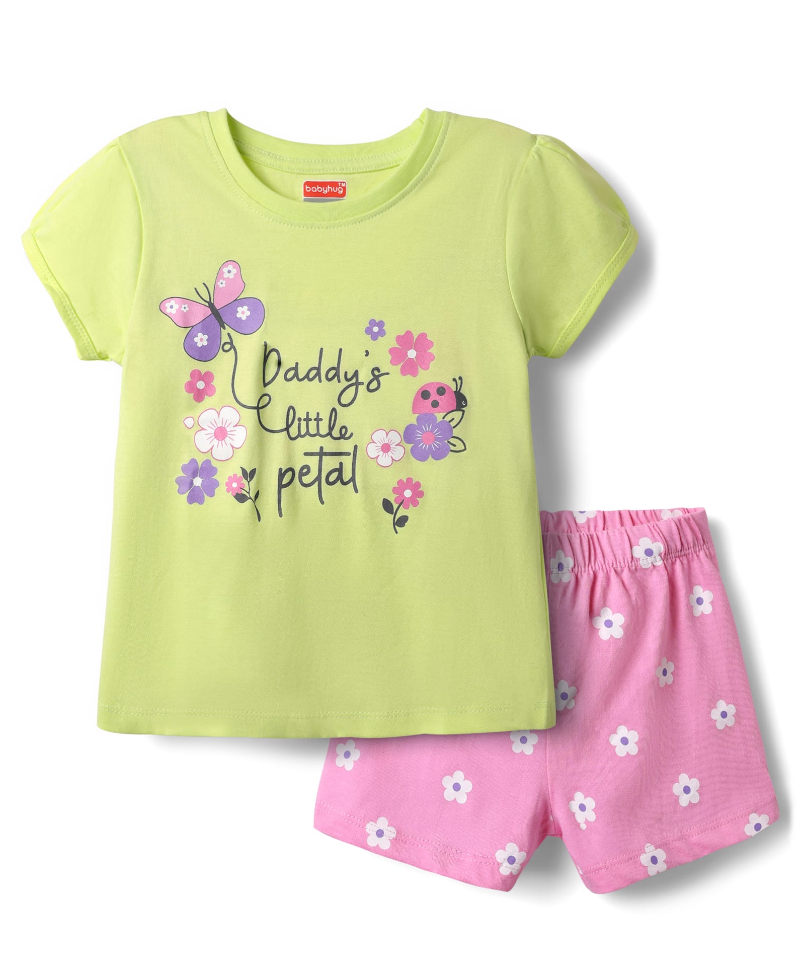 Babyhug Cotton Knit Half Sleeves Shorts Night Suit With Floral Print - Light Green & Pink-image-37