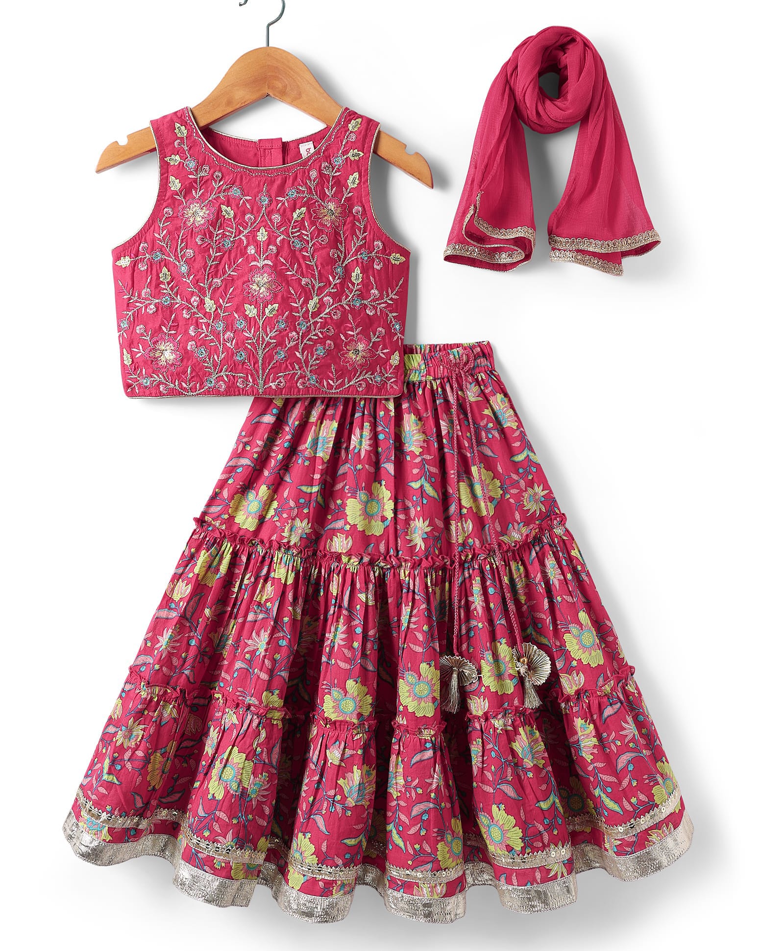 Babyhug Cotton Knit Sleeveless Choli with Lehenga and Dupatta Set with Cambric Print & Foral Embroidery - Dark Pink-picture-15