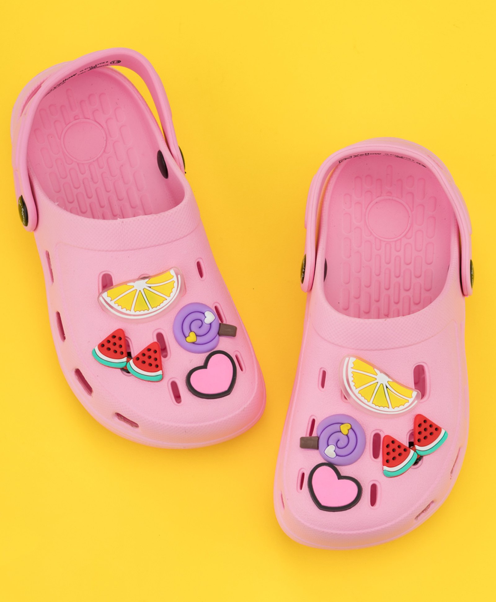 Yellow Bee Solid Clogs With Fruits Candy & Heart Charm - Pink-image-27