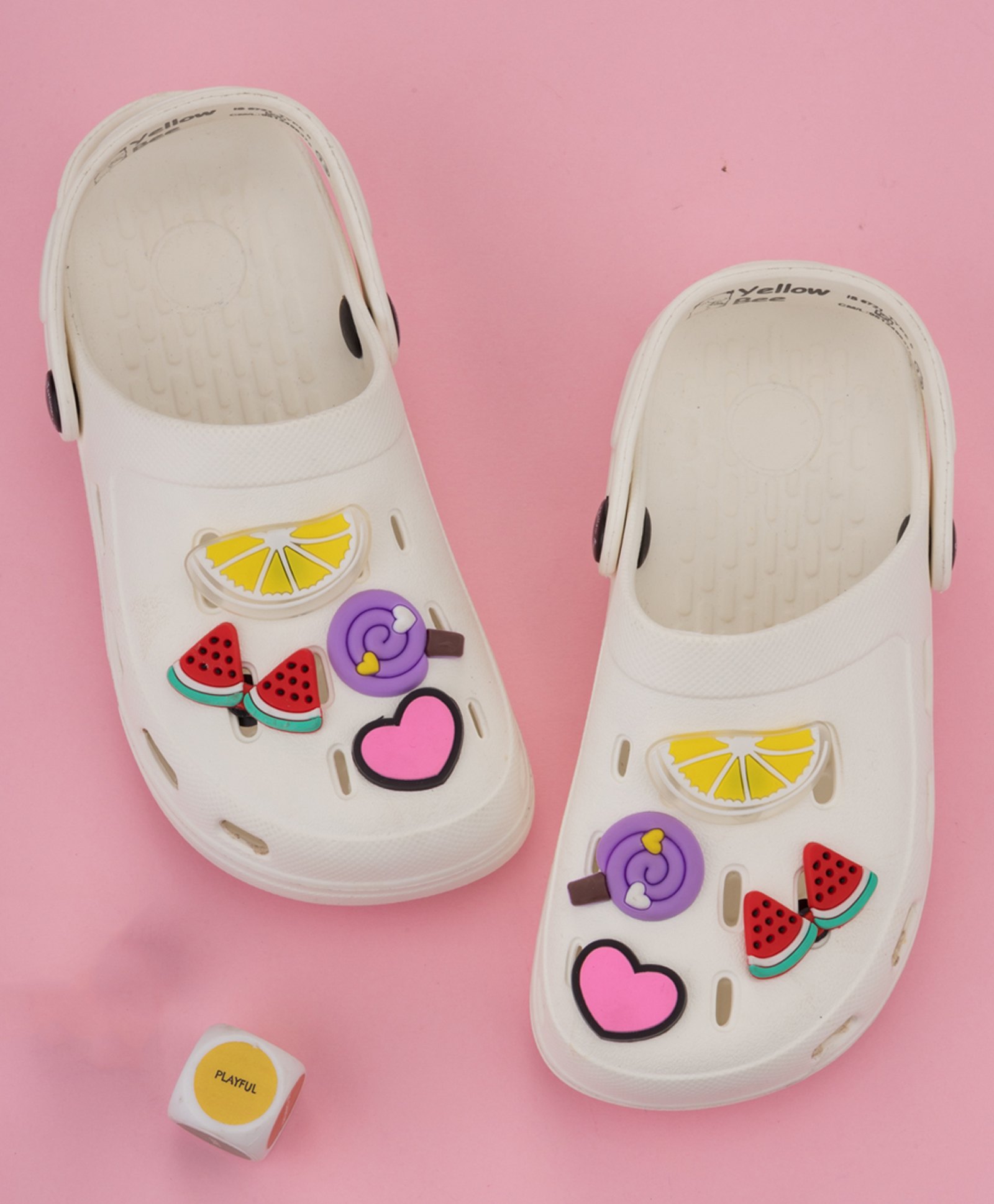 Yellow Bee Solid Clogs With Fruits Candy & Heart Charm - White-image-35