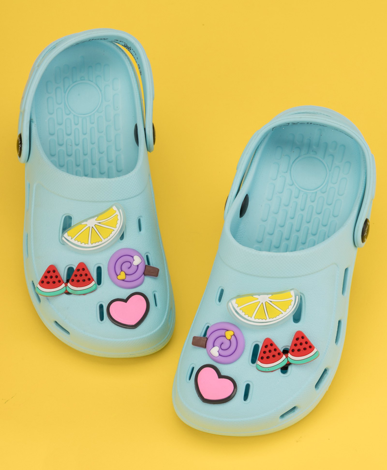 Yellow Bee Solid Clogs With Fruits Candy & Heart Charm - Blue-image-23