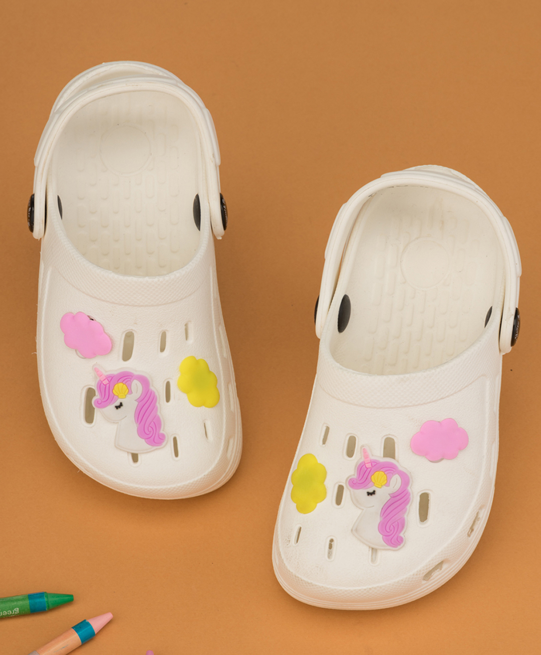 Yellow Bee Solid Clogs With Unicorn & Cloud Charms - White-image-25
