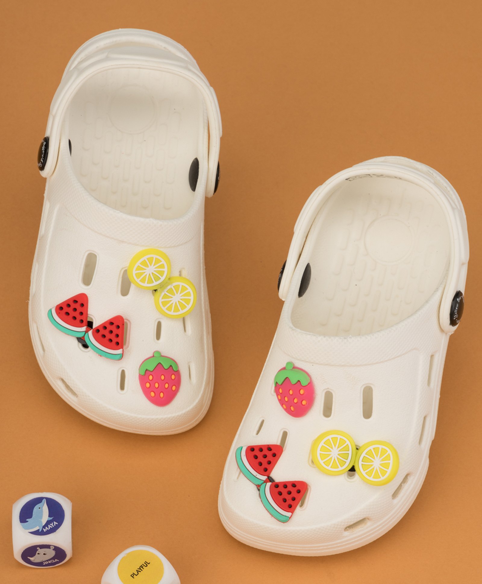 Yellow Bee Solid Clogs With Watermelon Lemon & Strawberry Charms - White-picture-37