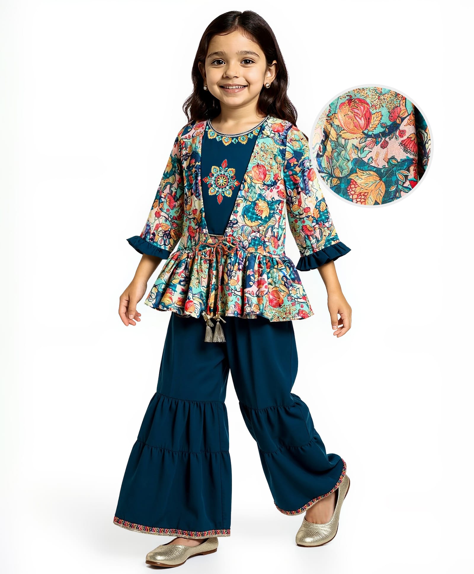 Babyhug Woven Floral Embroidered Top & Palazzo Set With Full Sleeves Shrug - Teal Blue-image-0