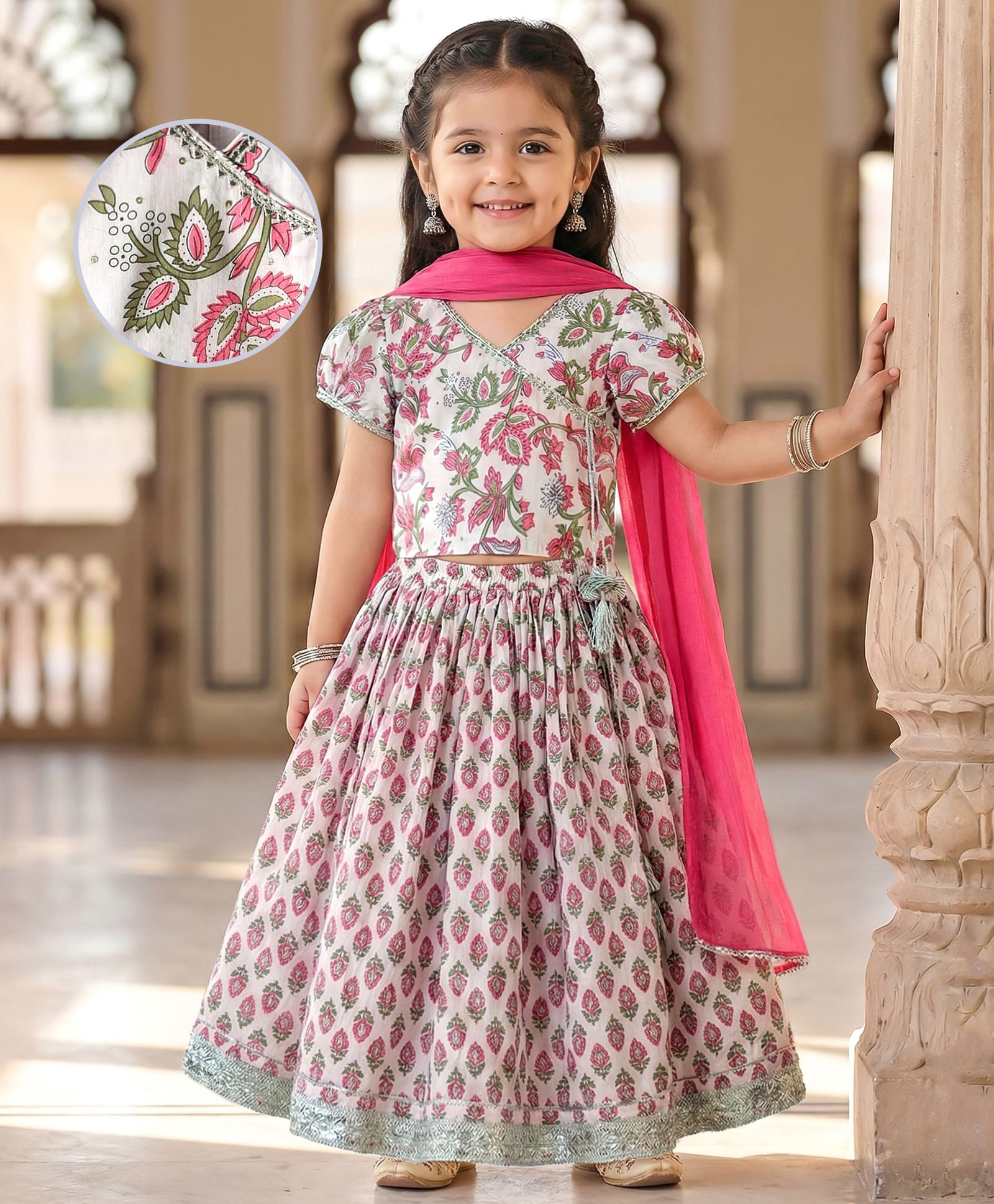 Babyhug 100% Cotton Half Sleeves Floral Cambric Printed Flared Lehenga & Choli Set With Dupatta - Pink & White-image-39