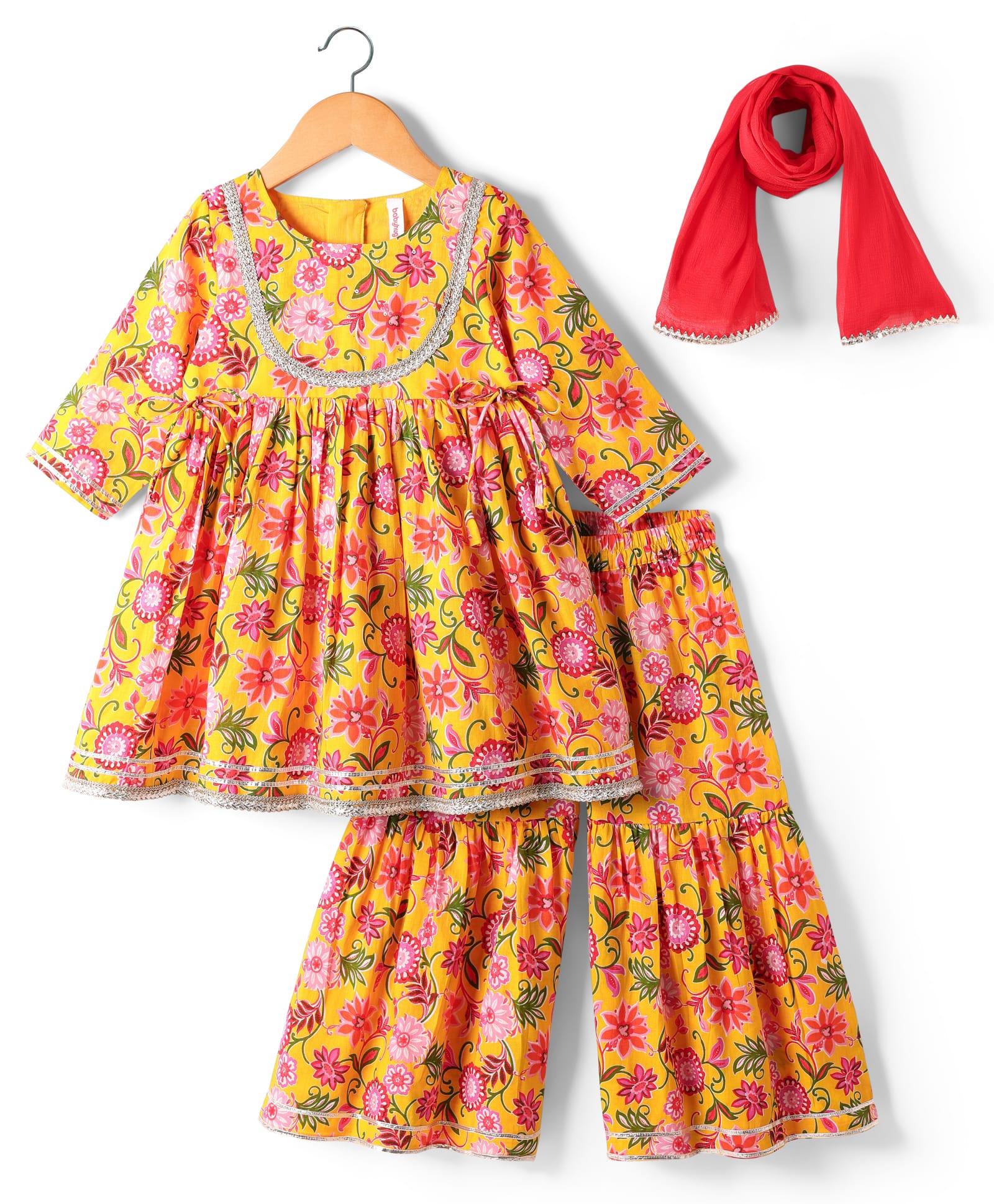 Babyhug Woven Three Forth Sleeves Floral Cambric Printed Kurti & Gharara Set With Dupatta - Yellow-image-37