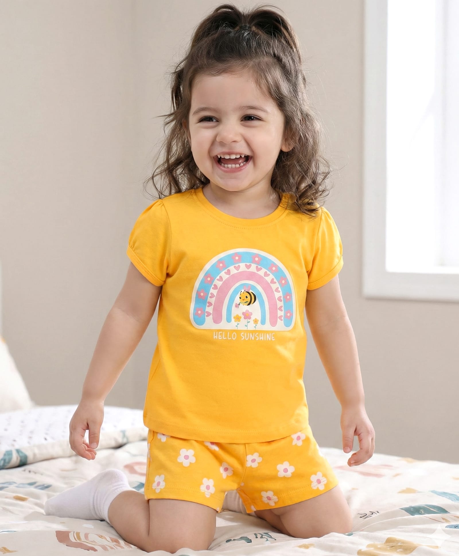 Babyhug Cotton Knit Half Sleeves Shorts Night Suit With Floral Print - Yellow