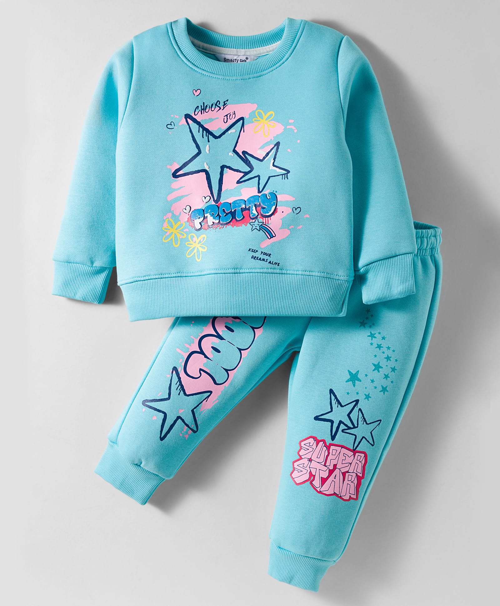 Smarty Girls Fleece Knit Full Sleeves Winter Wear Sweatshirt & Lounge Pant Set With Stars Print - Blue-picture-49
