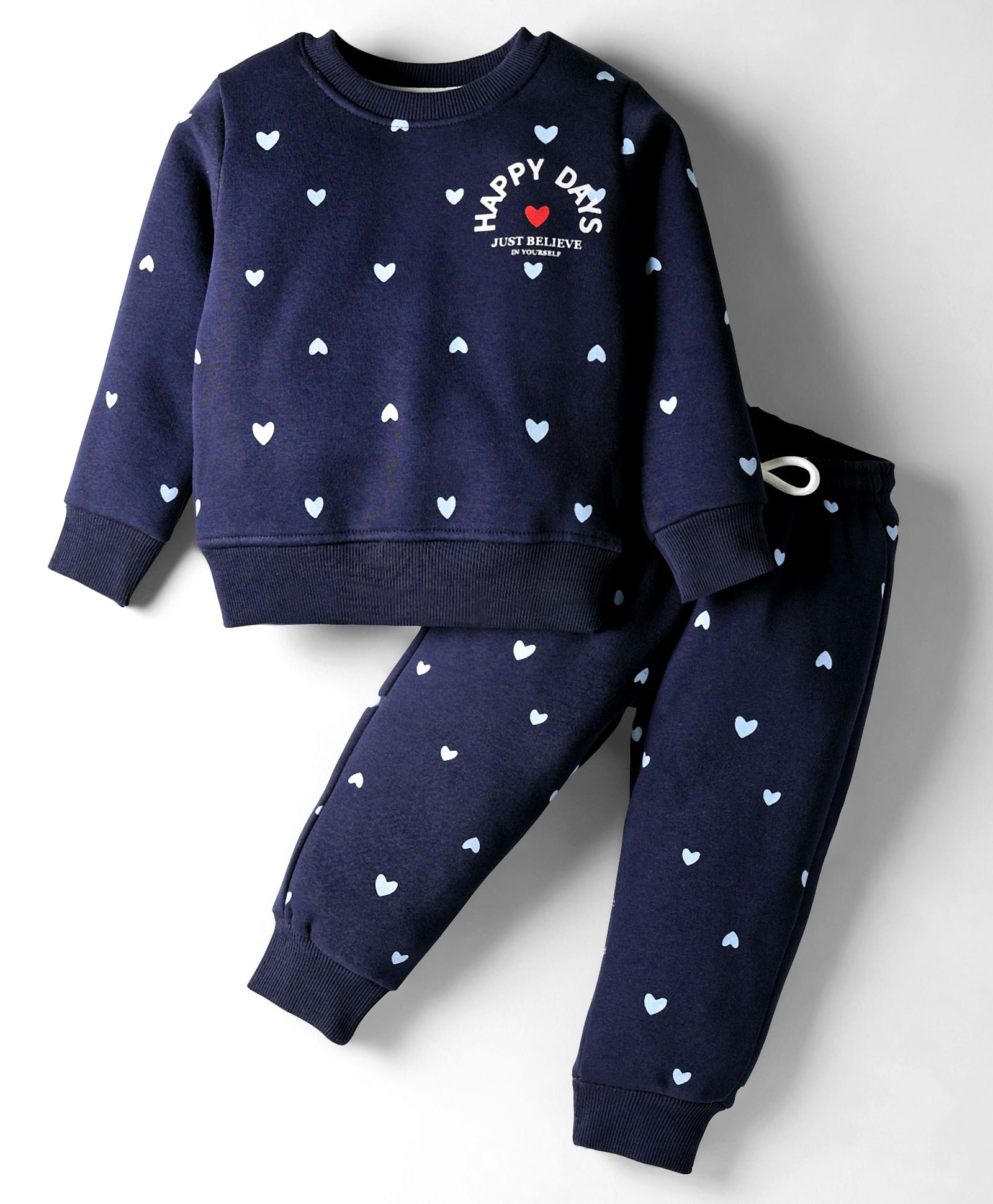 Smarty Girls Fleece Knit Full Sleeves Co-ords Winter Wear Night Suit With Hearts Print - Navy Blue-picture-39