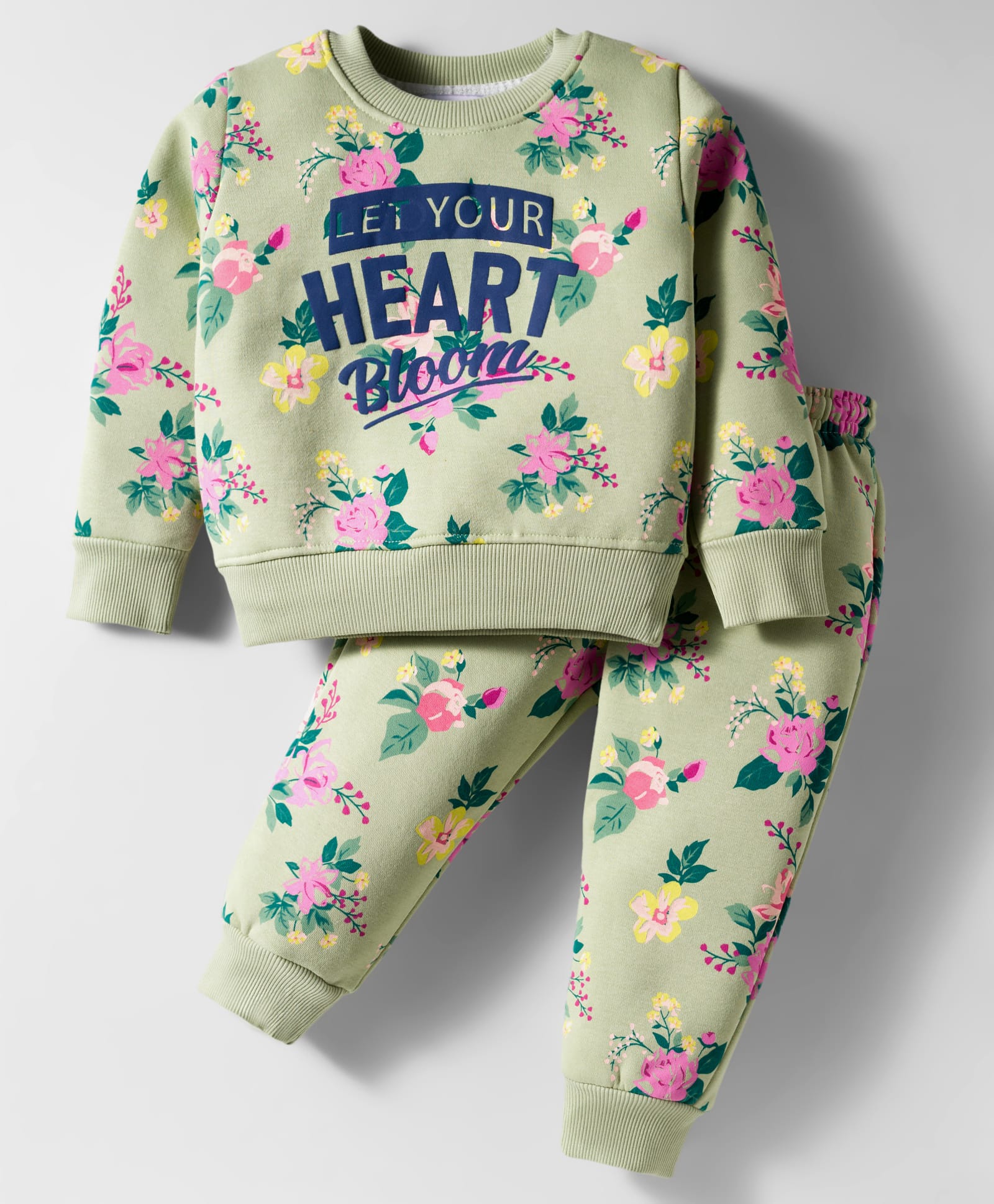 Smarty Girls Cotton Woven Full Sleeves Winter Night Suit with Text & Floral Print - Limegreen-image-23