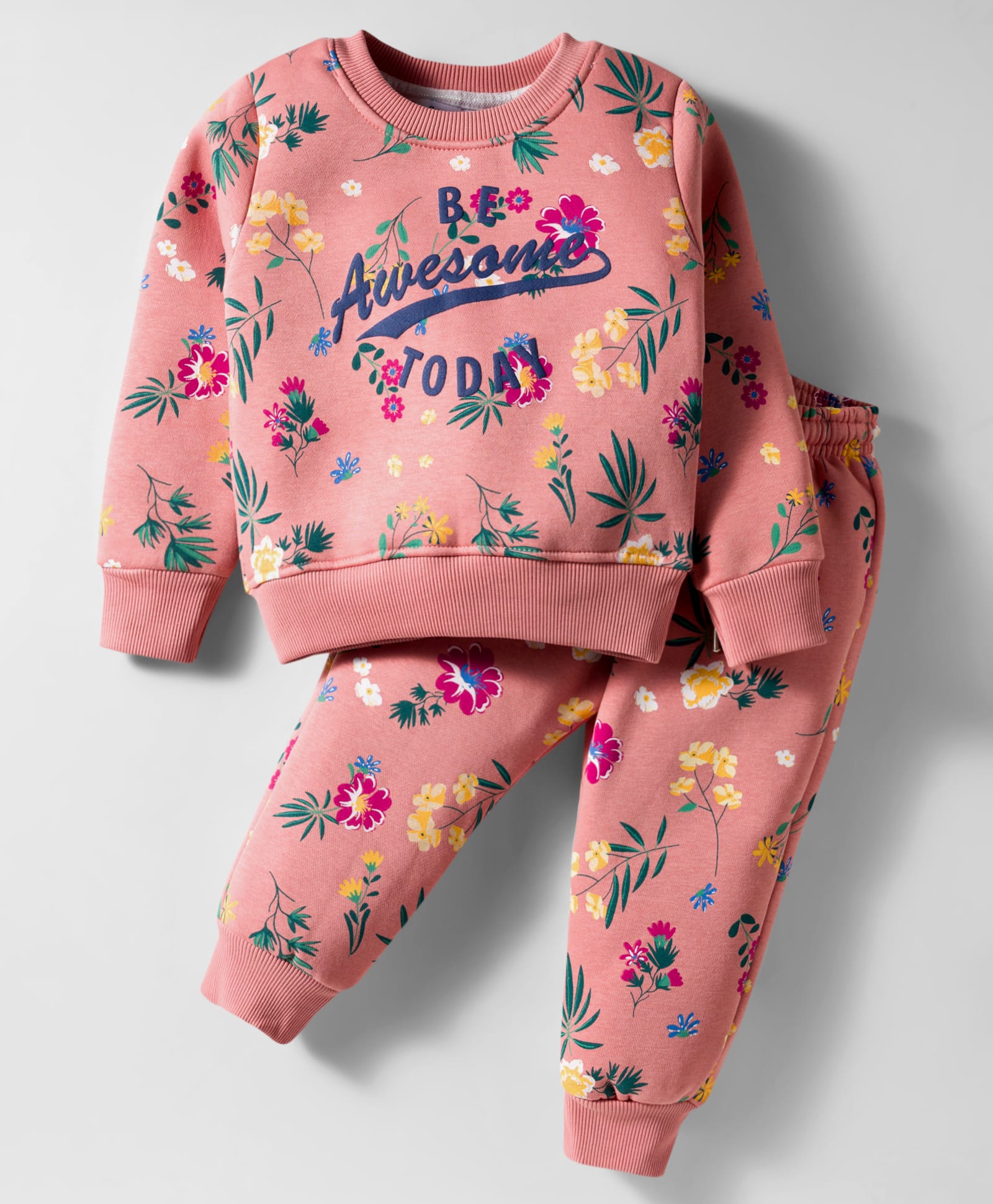 Smarty Girls Cotton Woven Full Sleeves Winter Night Suit with Text & Floral Print - Dark Peach-picture-11
