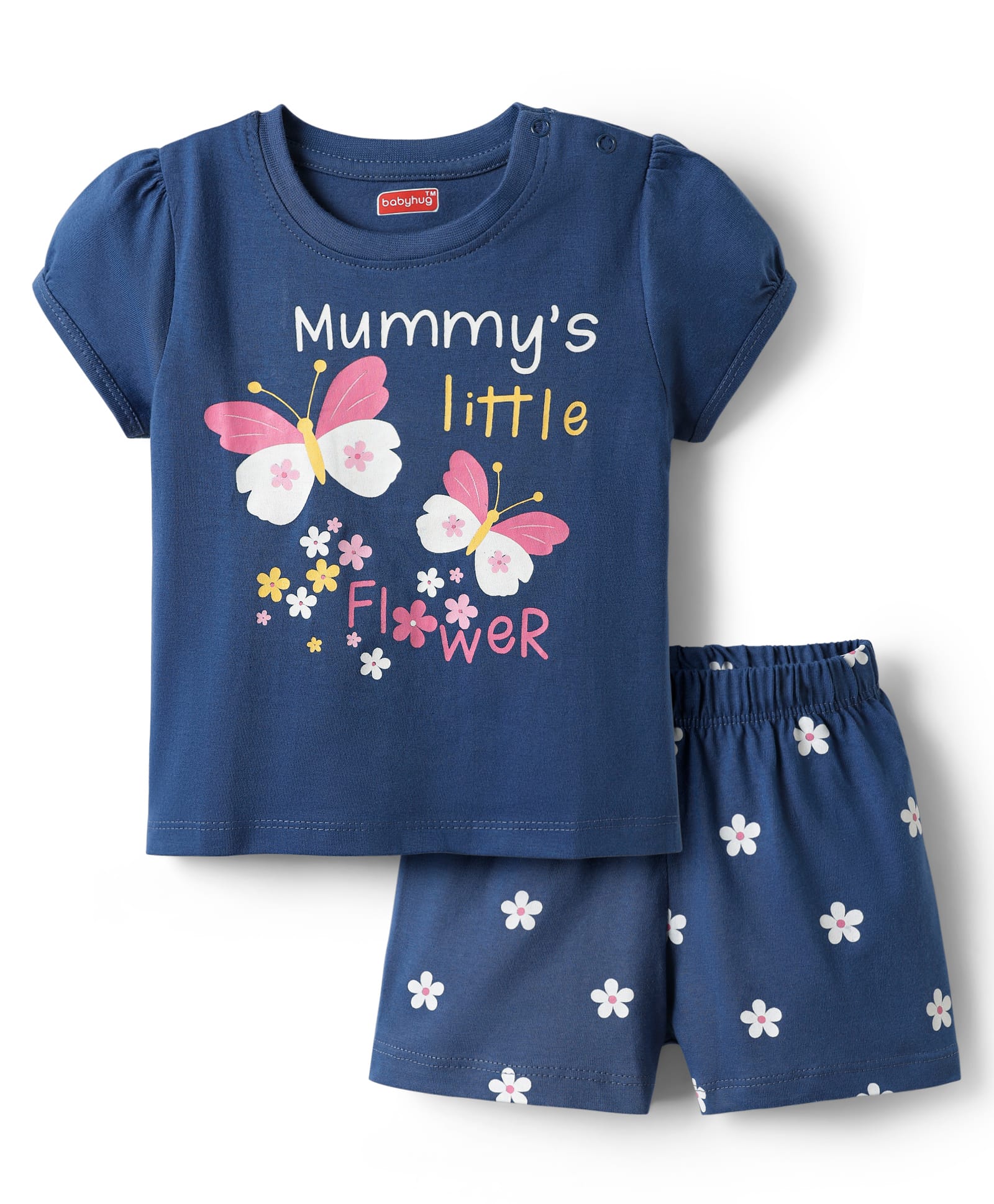 Babyhug Cotton Knit Half Sleeves Shorts Night Suit with Butterfly Print - Blue