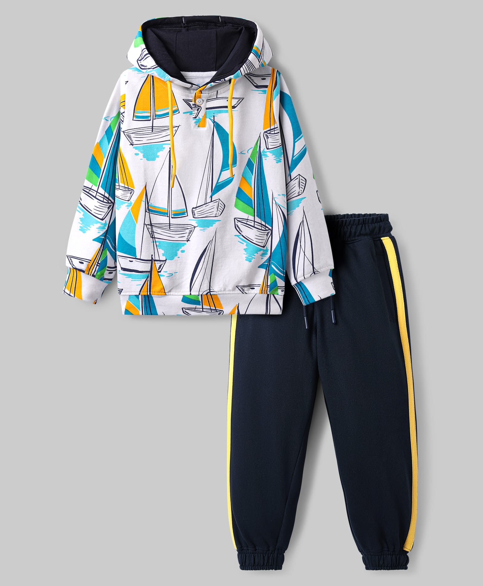 OLLINGTON ST. Looper Cotton Knit Full Sleeves Hooded Sweatshirts & Joggers Set with Ship Print - Multicolor & Navy-picture-26