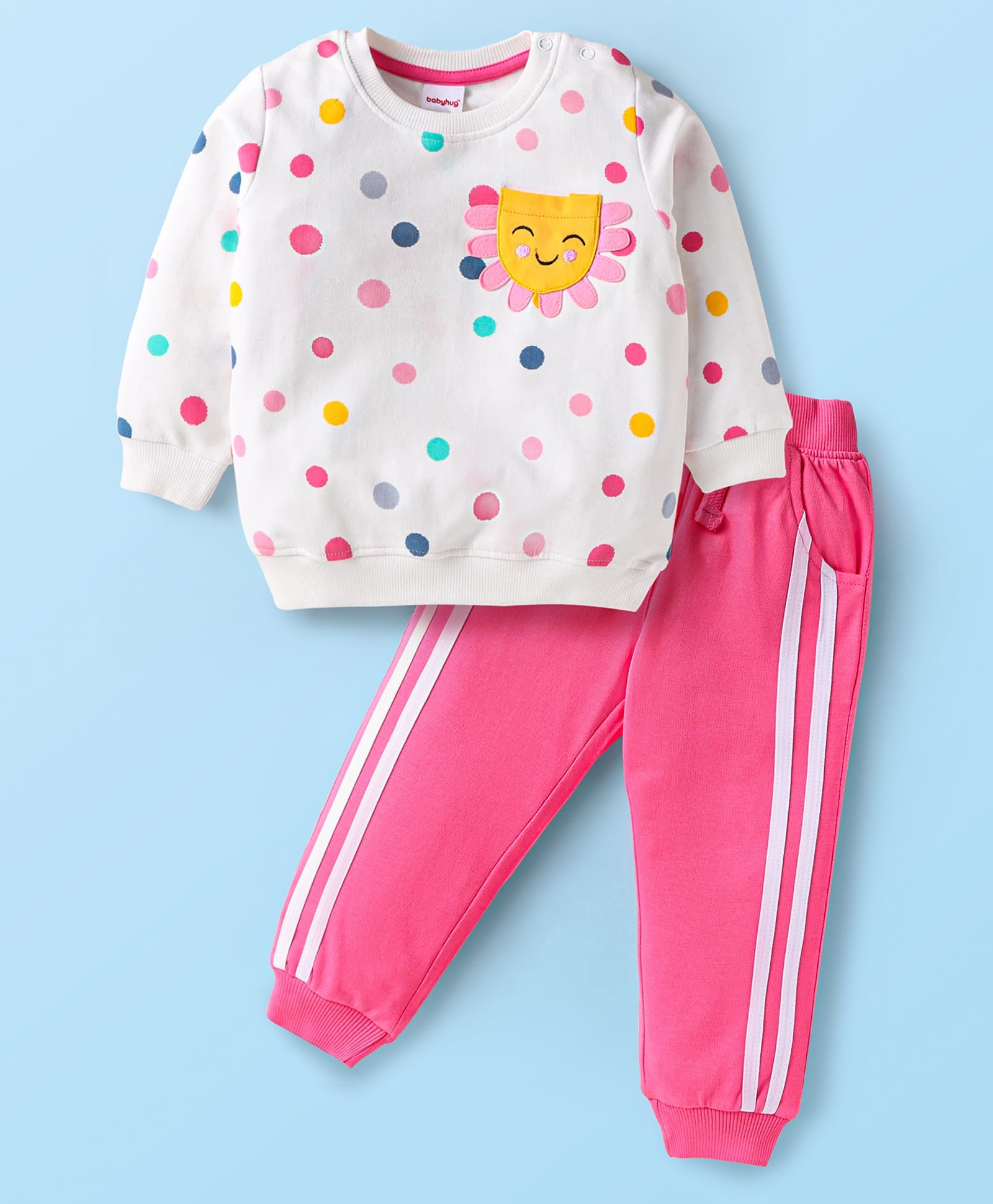 Babyhug Terry Knit Full Sleeves Top & Lounge Pant Set With Polka Dot Print & Lace Detailing - White & Pink-picture-27