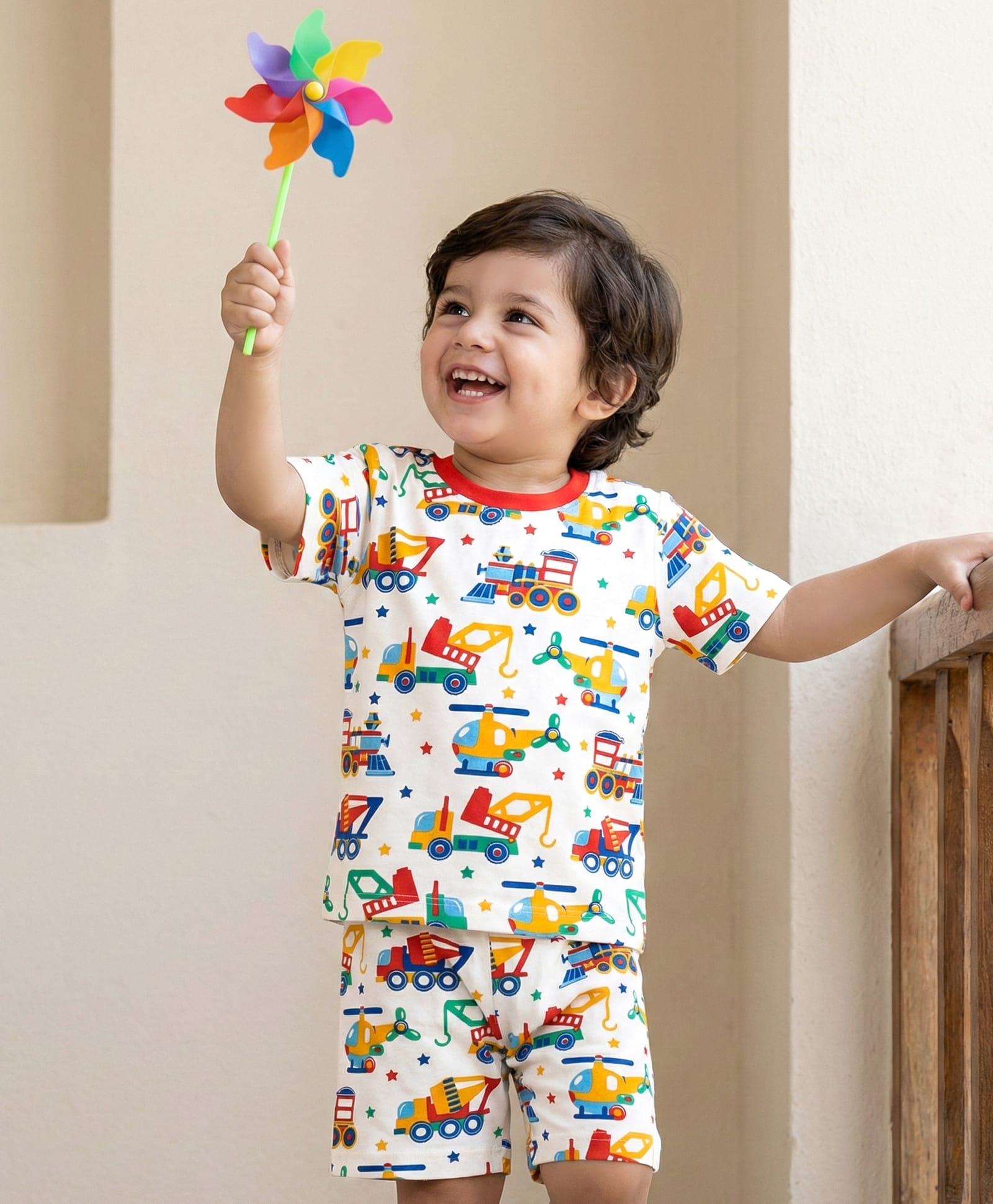 Babyhug Cotton Knit Half Sleeves Co-ords Shorts Night Suit With Vehicle Print - White