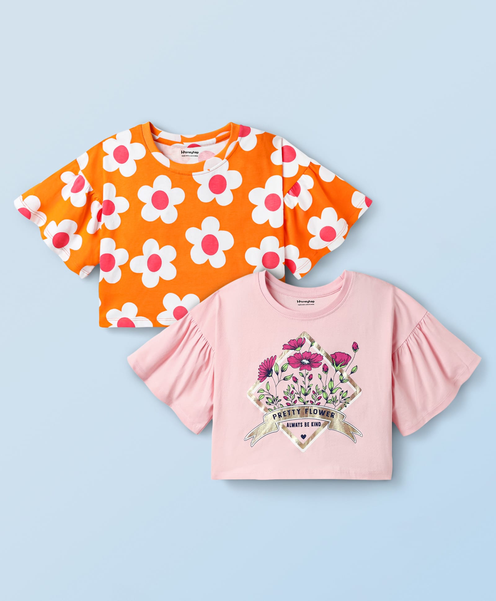 Honeyhap 100% Premium Cotton Bio Finish Half Flutter Sleeves Oversized Tops with Floral Print Pack of 2 - Coral Rose & Marys Rose-picture-26