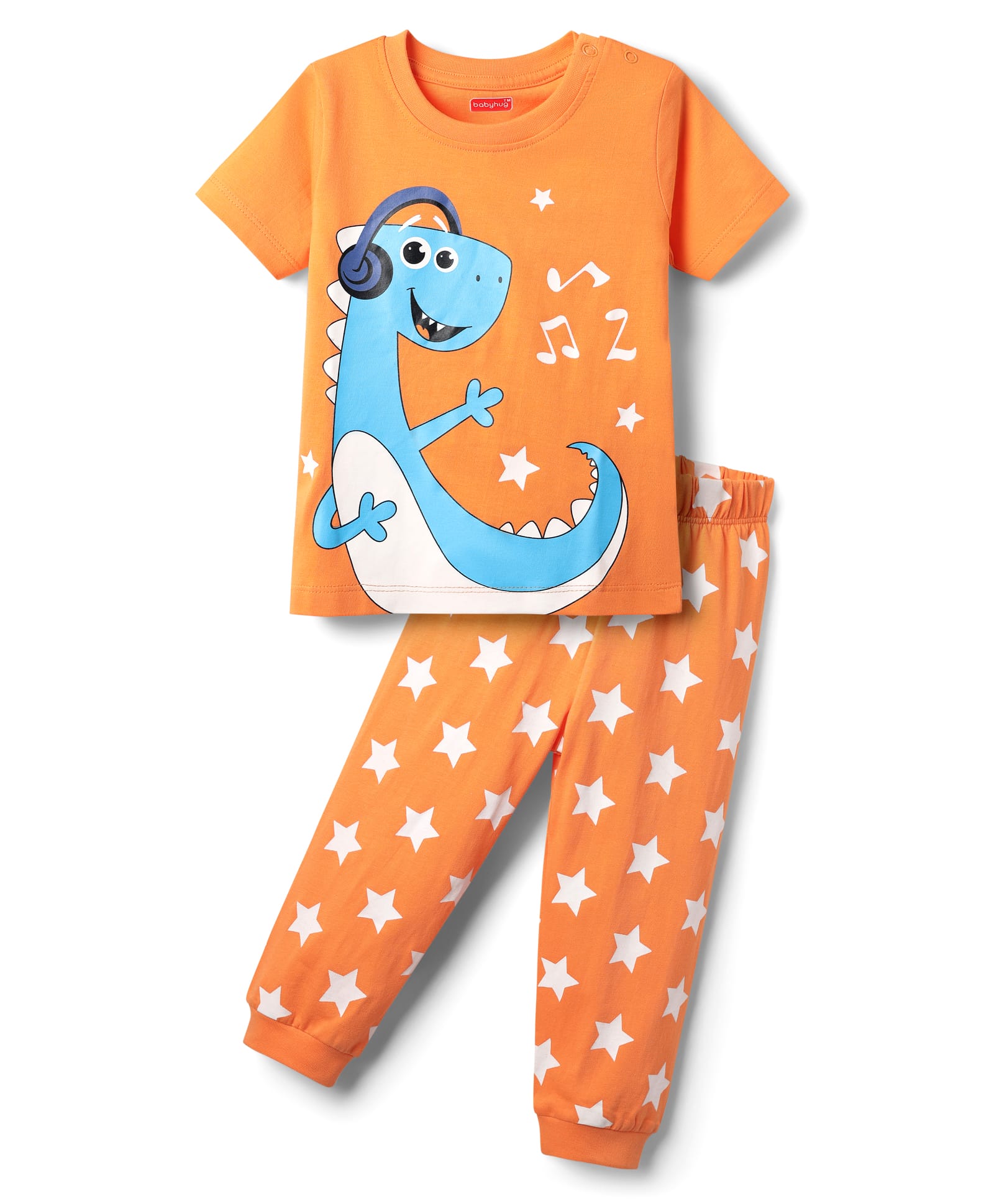 Babyhug Cotton Knit Half Sleeves Night Suit With Dino & Star Print - Orange-image-5