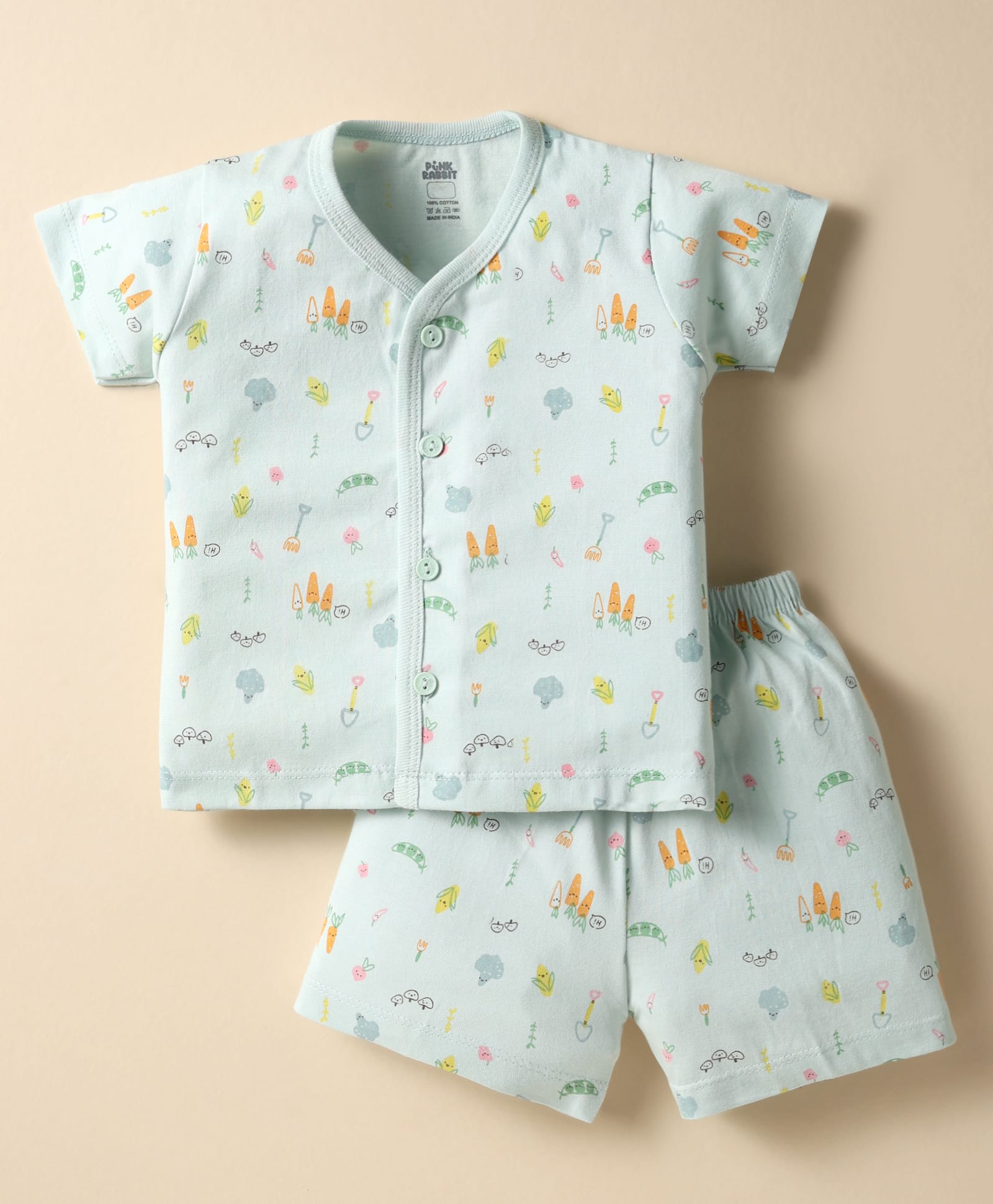 Pink Rabbit Single Jersey Knit Half Sleeves Shorts Co-Ord Night Suit With Vegetables Print - Light Green-picture-22