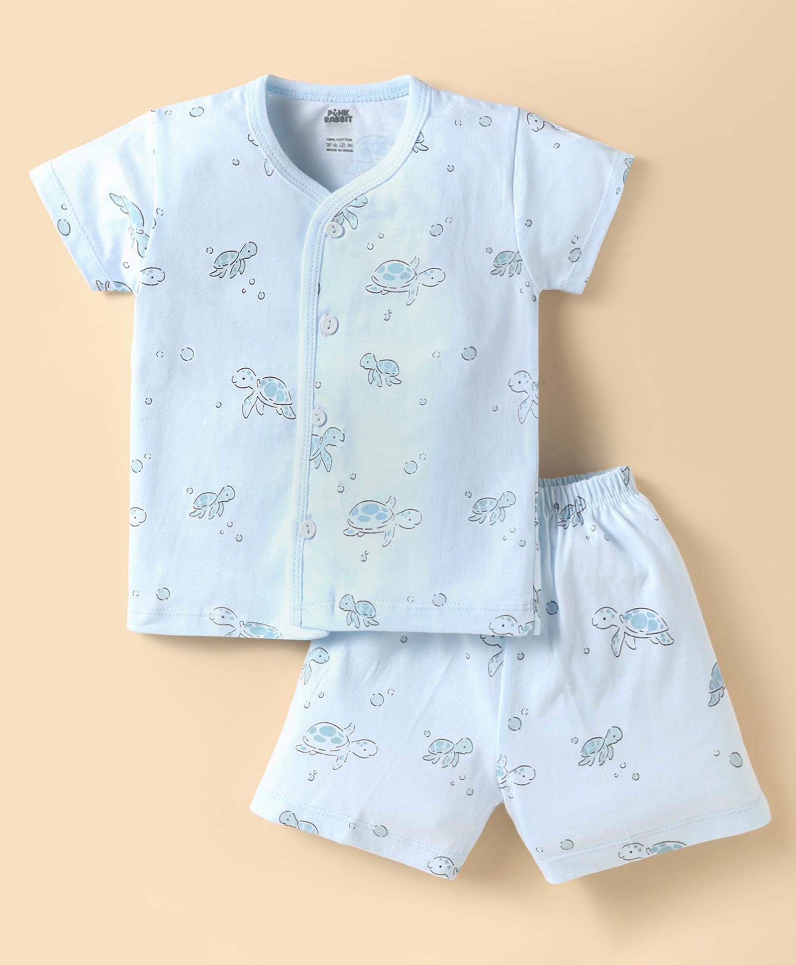 Pink Rabbit Single Jersey Knit Half Sleeves Shorts Co-Ord Night Suit With Turtle Print - Light Blue-image-11