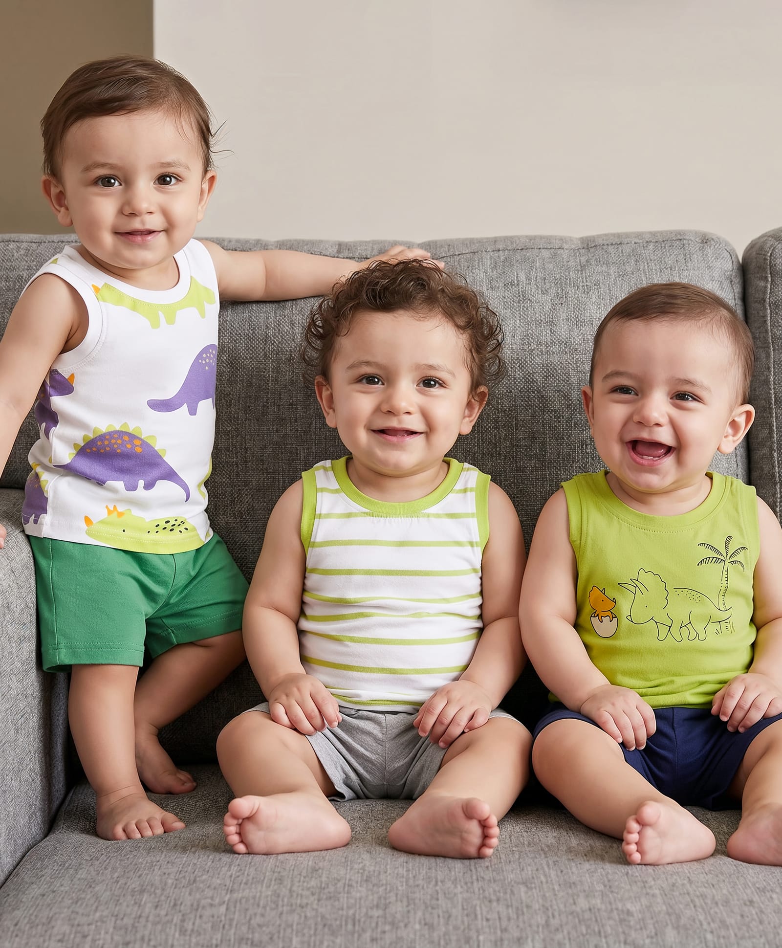 kookie kids india Kookie Kids Single Jersey Knit Sleeveless Vest with Dino & Stripes Pack of 3 - Light Green & White-picture-18