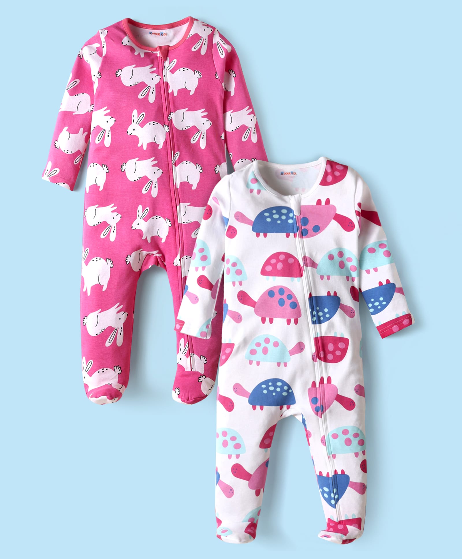 kookie kids india Kookie Kids Interlock Knit Full Sleeves Footed Sleep Suits with Bunny & Tortoise Print Pack of 2 - Dark Pink & White-picture-35
