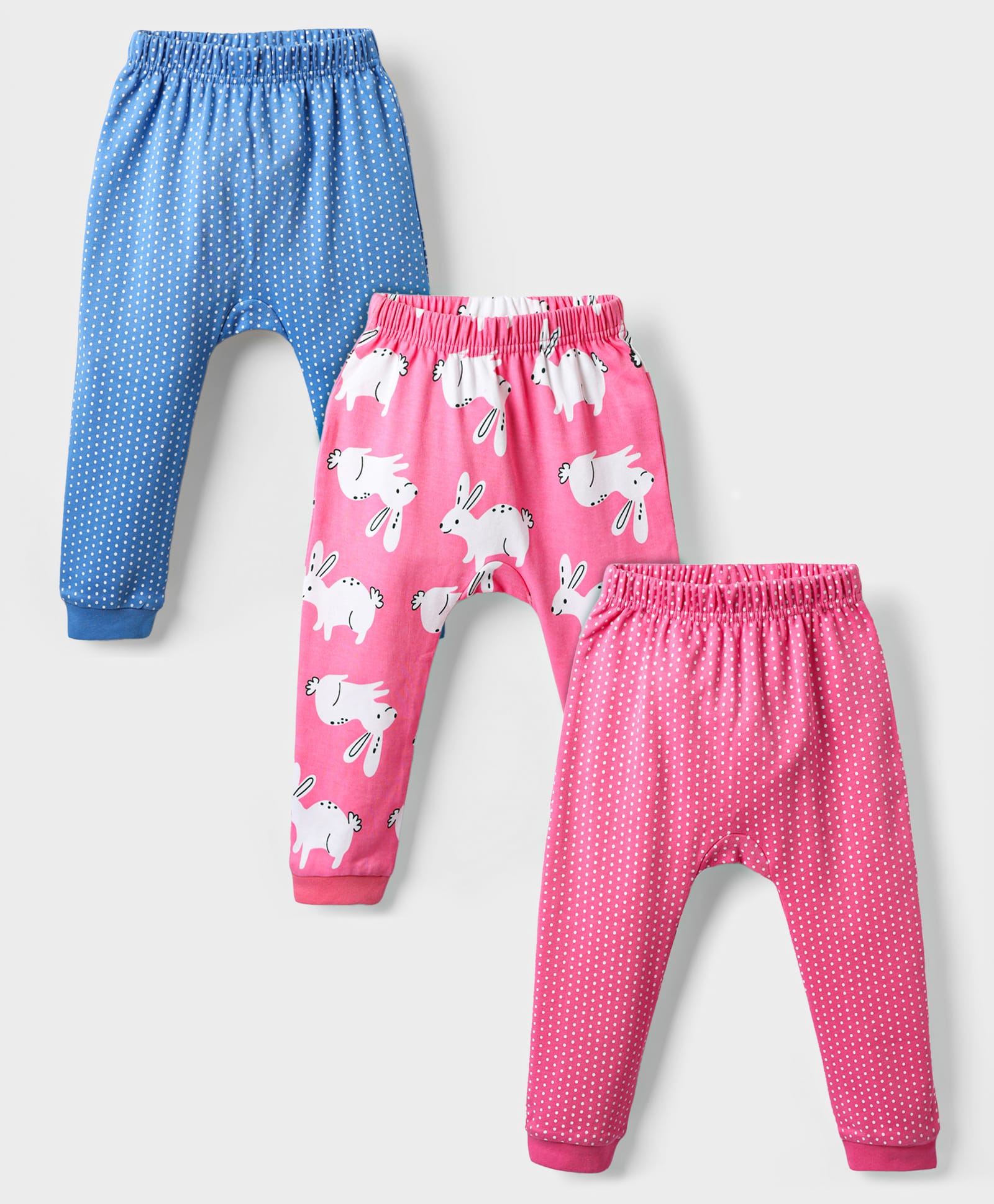 Kookie Kids Interlock Knit Full Length Polka Dot & Bunny Printed Diaper Leggings Pack of 3 - Pink & Blue-image-30