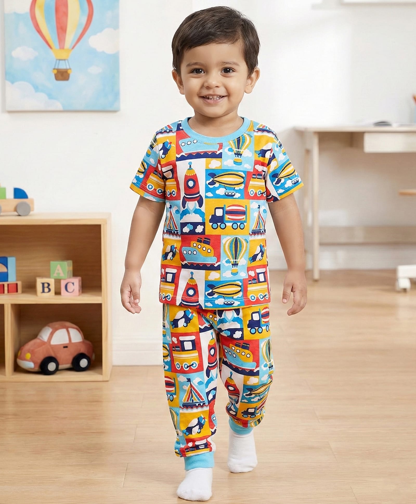 Babyhug Cotton Knit Half Sleeves Co-Ord Night Suit With Vehicle Print - Multicolor-image-19