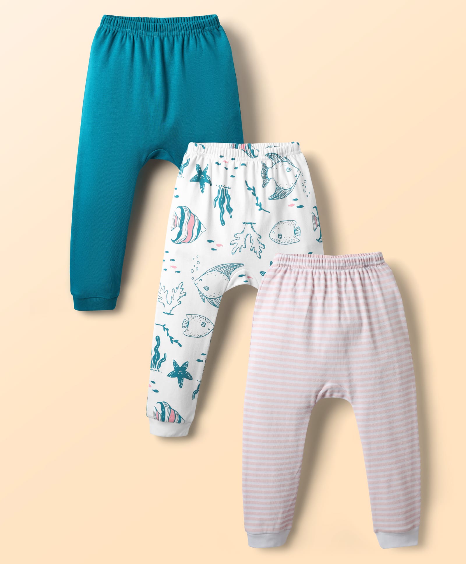 Kookie Kids Interlock Knit Striped & Sea Animals Printed Diaper Leggings Pack of 3 - Multicolor-image-32
