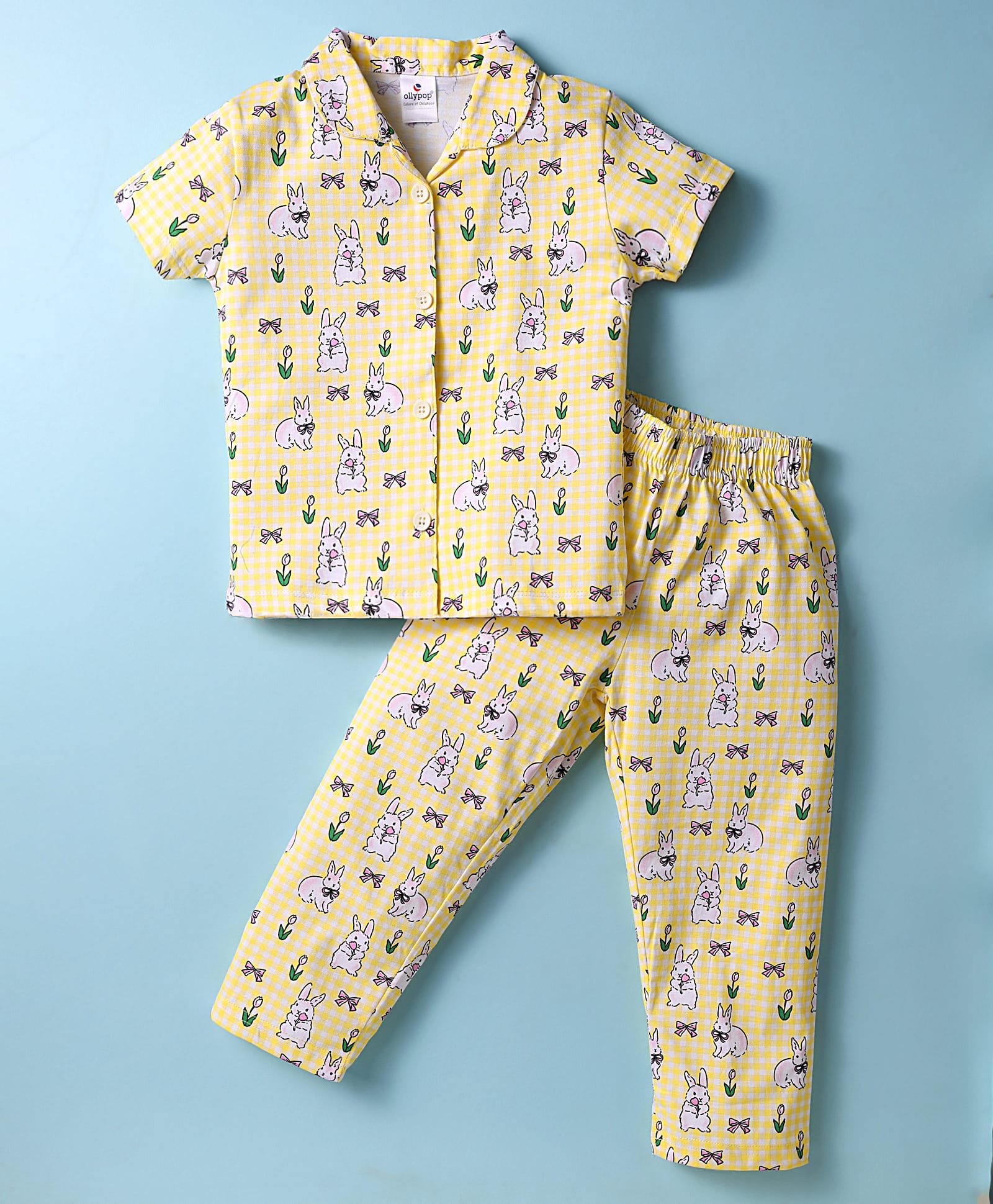 Ollypop Sinker Knit Half Sleeves Co-ords Night Suit With Checks & Animal Print - Yellow-image-30