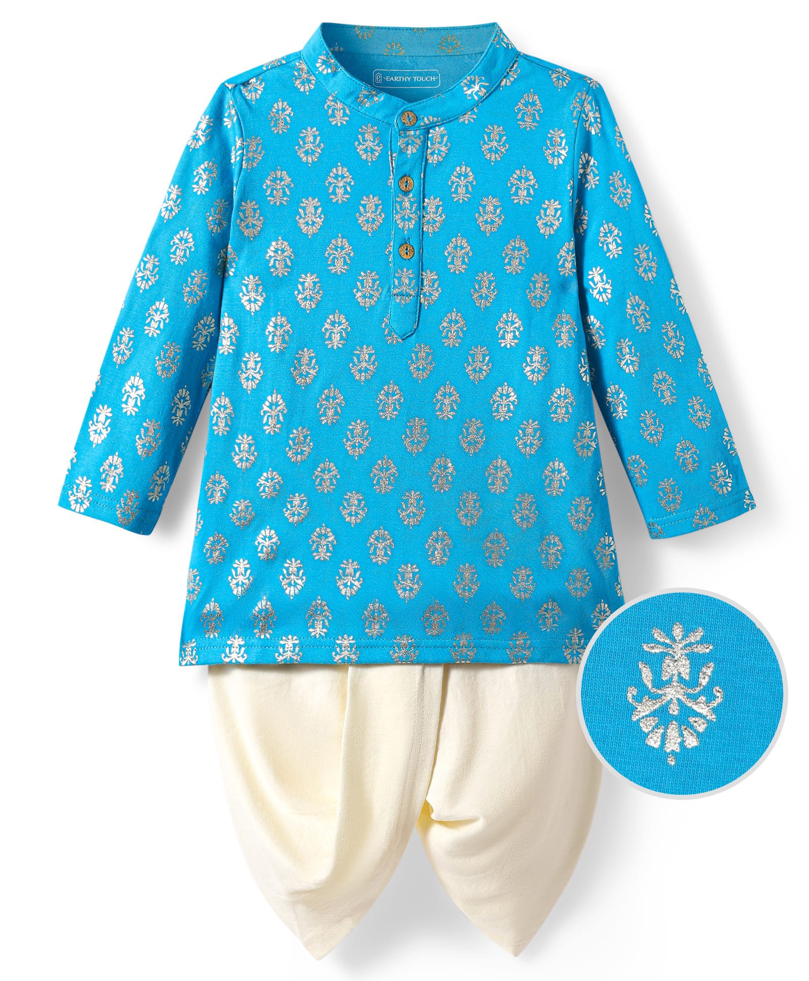EARTHY TOUCH Single Jersey Knit Mandarin Collar Full Sleeves Kurti Dhoti Set With Foil Print - Blue-image-3