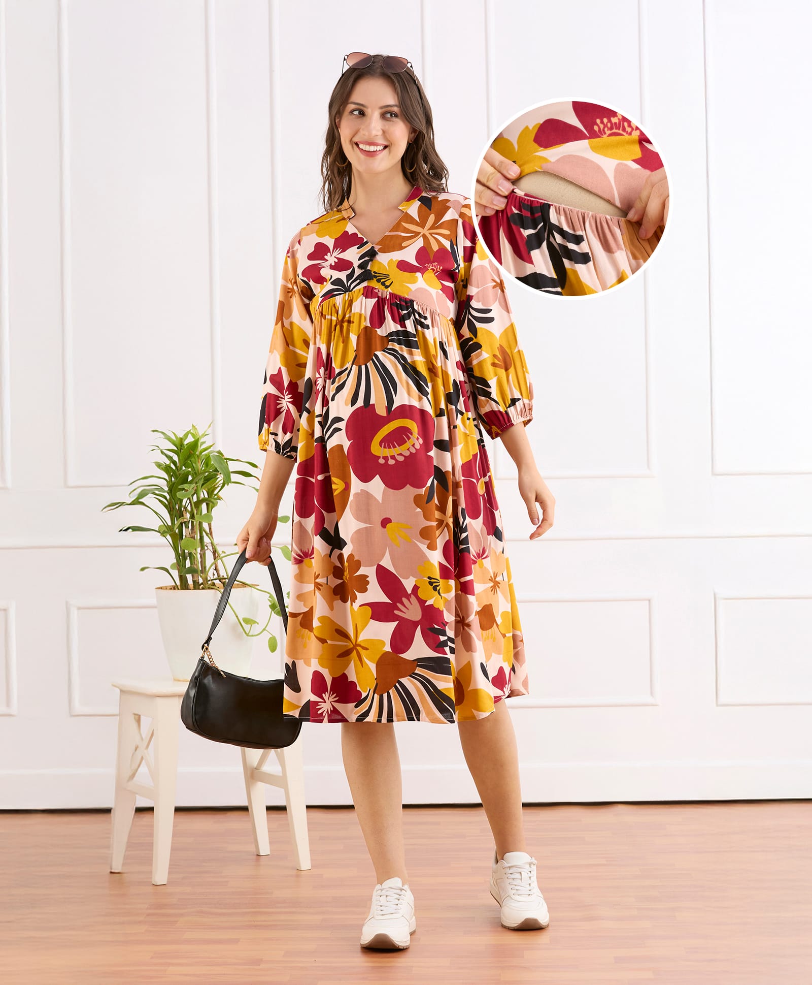 Bella Mama Viscose Woven Three Fourth Sleeves Maternity Dress With Floral Print - Beige