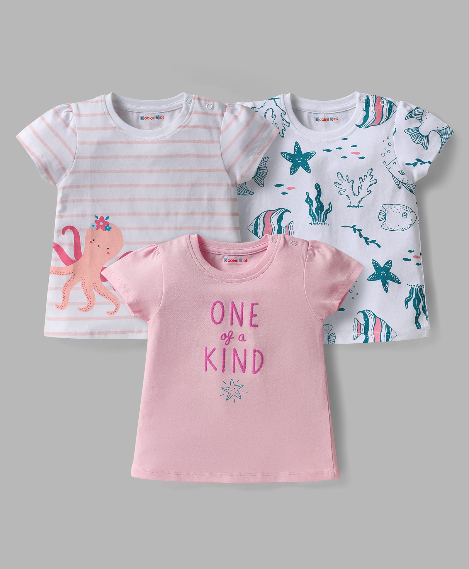 Kookie Kids Single Jersey Knit Half Sleeves Sea Animals Printed T-Shirts with Stripes Pack of 3 - Multicolor-image-49