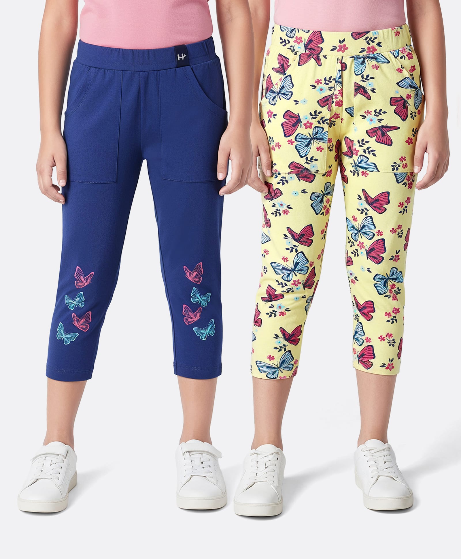 Honeyhap Cotton Elastane Knit Butterfly Printed Three Forth Length Leggings With Bio Finish Pack Of 2 - Limoges & Lemon Maringue-picture-10