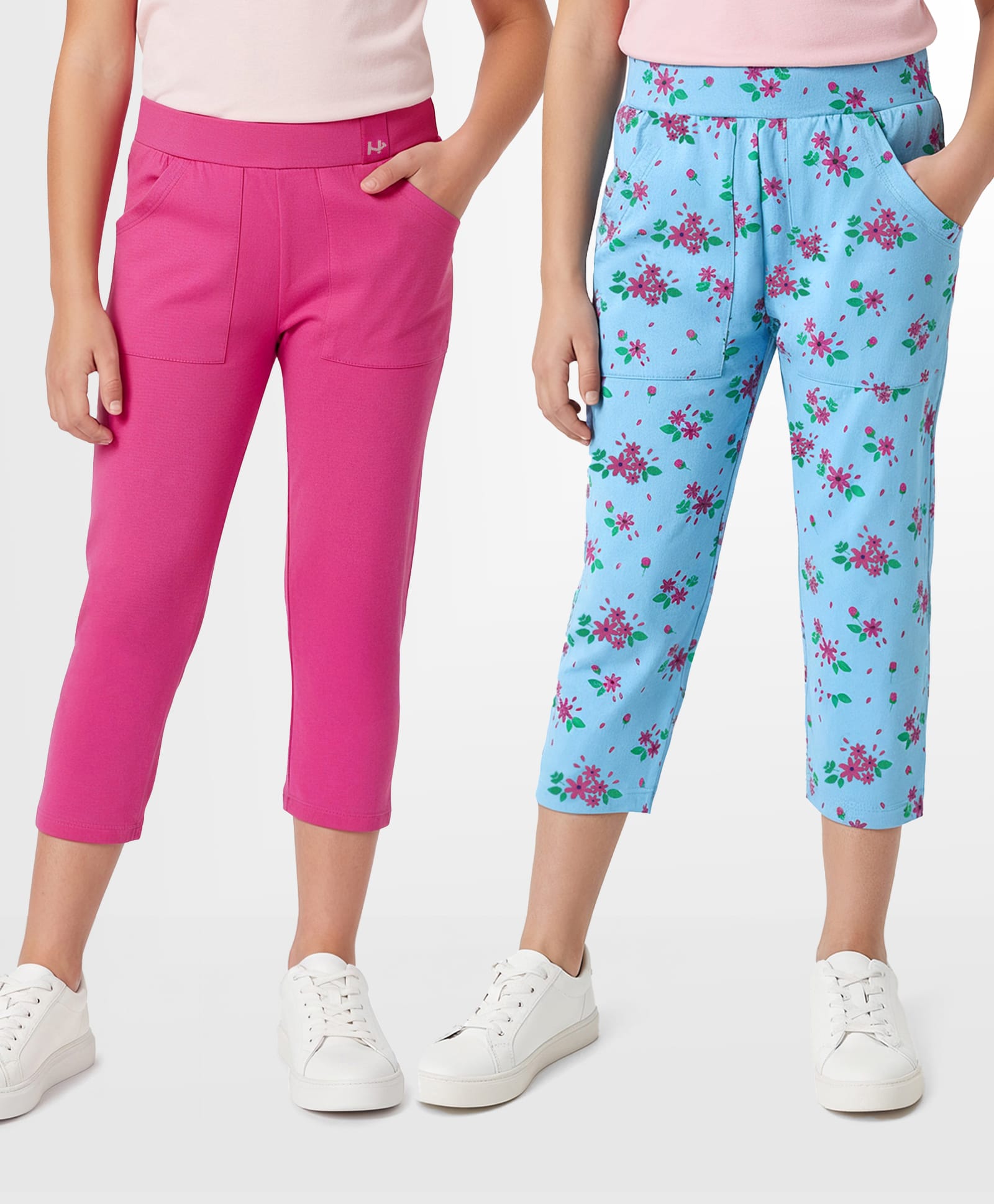Honeyhap Premium Cotton Knit Three Fourth Leggings With Bio Finish & Floral Print Pack Of 2 - Pink & Light Blue-picture-28