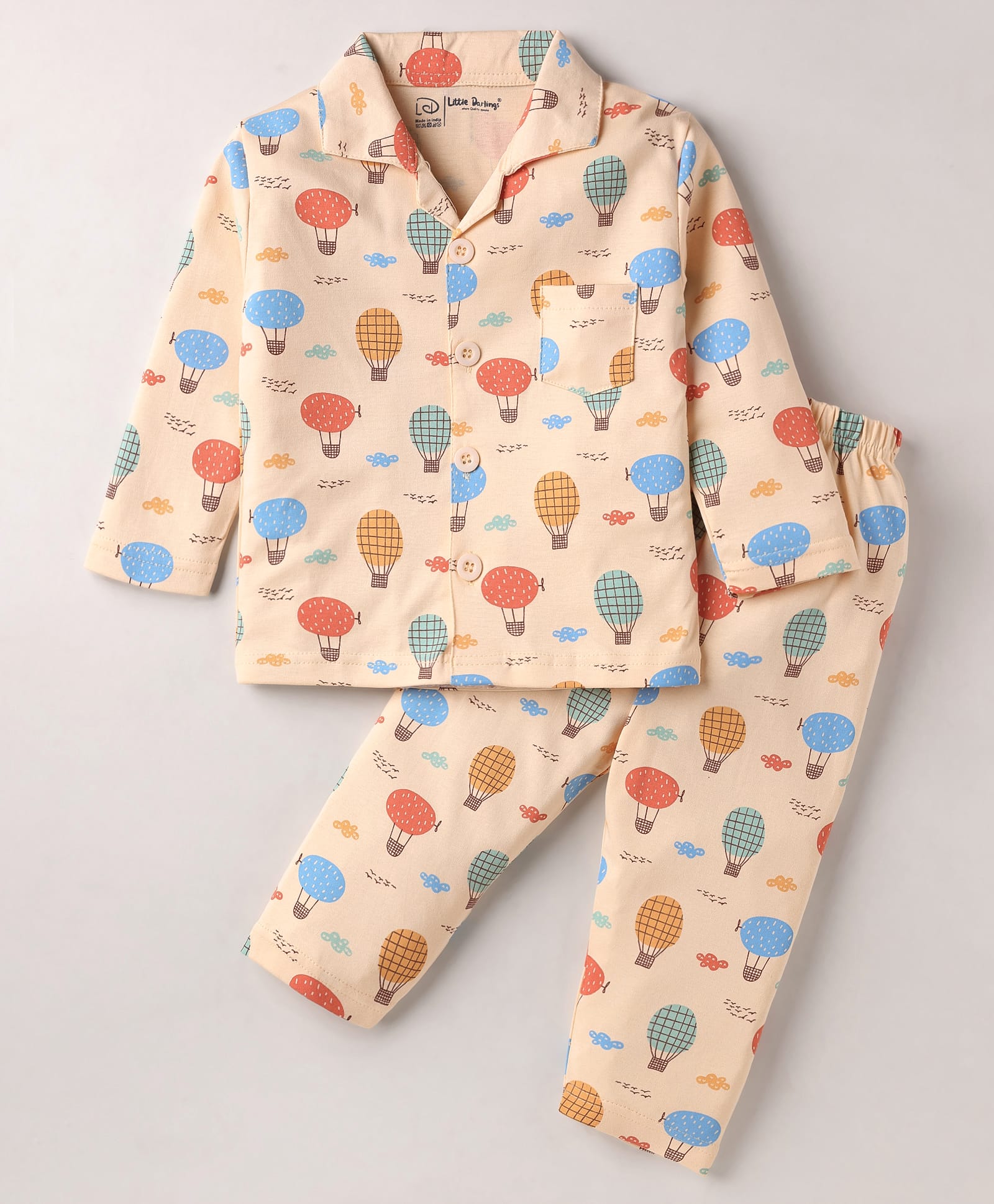 Little Darlings Interlock Knit Full Sleeves Co-Ord Night Suit With Air Balloon Print - Light Orange-image-11