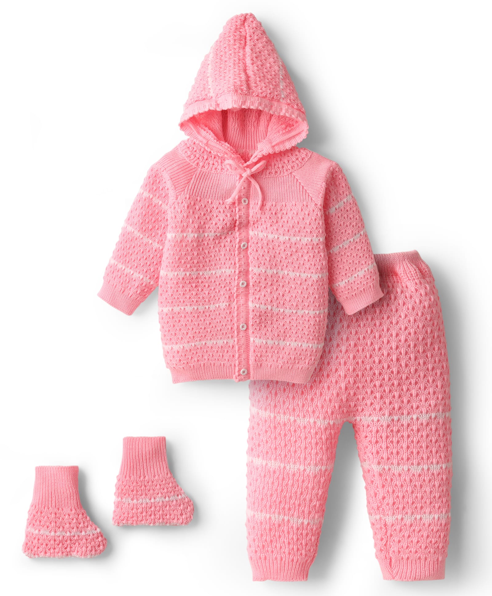 Babyhug Knit Full Raglan Sleeves Front Open Hooded Sweater Set with Booties & Stripes - Pink-picture-10